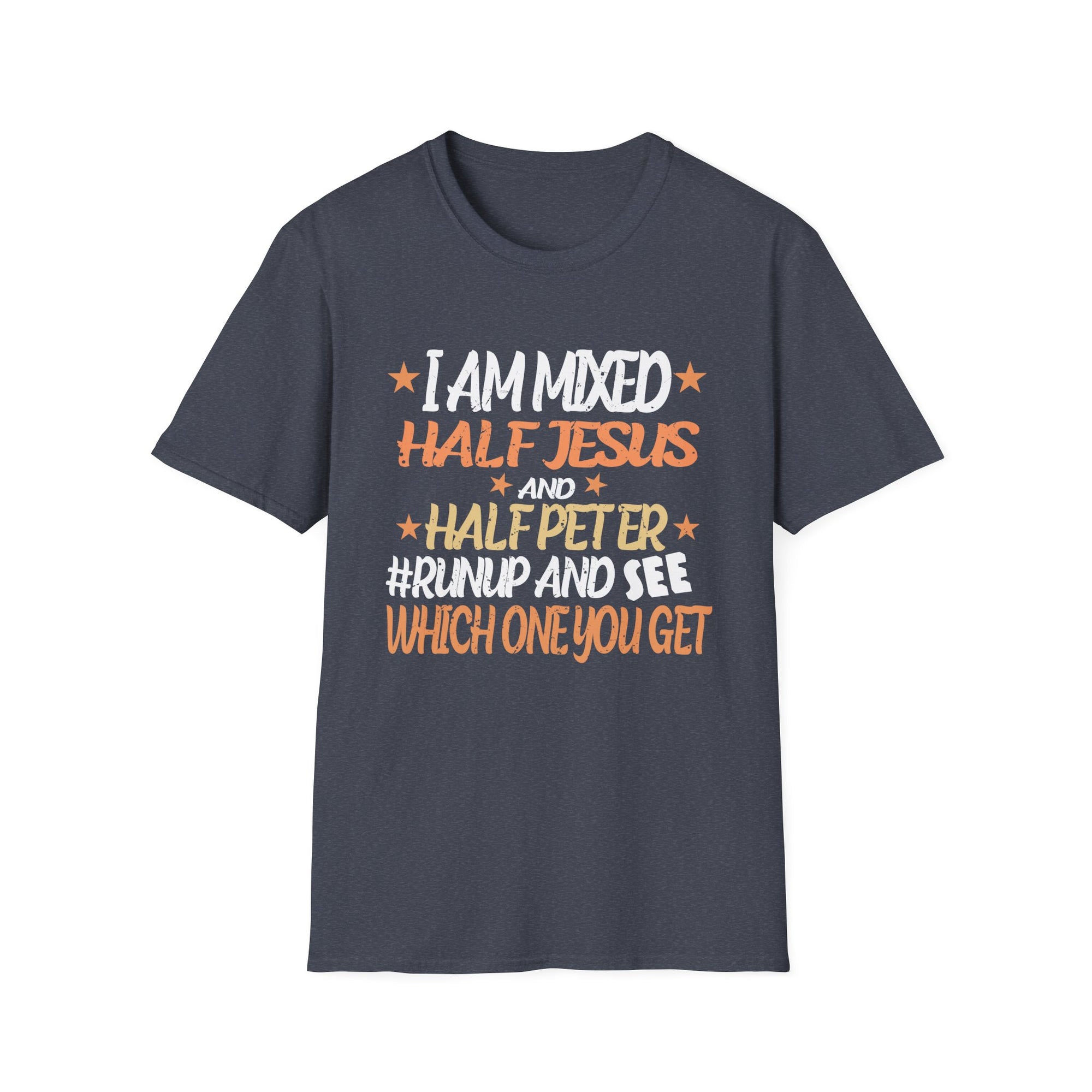 Mixed Heritage Unisex T-Shirt, Funny Christian Tee, Half Jesus Half Peter Shirt, Gift for Him/Her, Unique Religious Apparel
