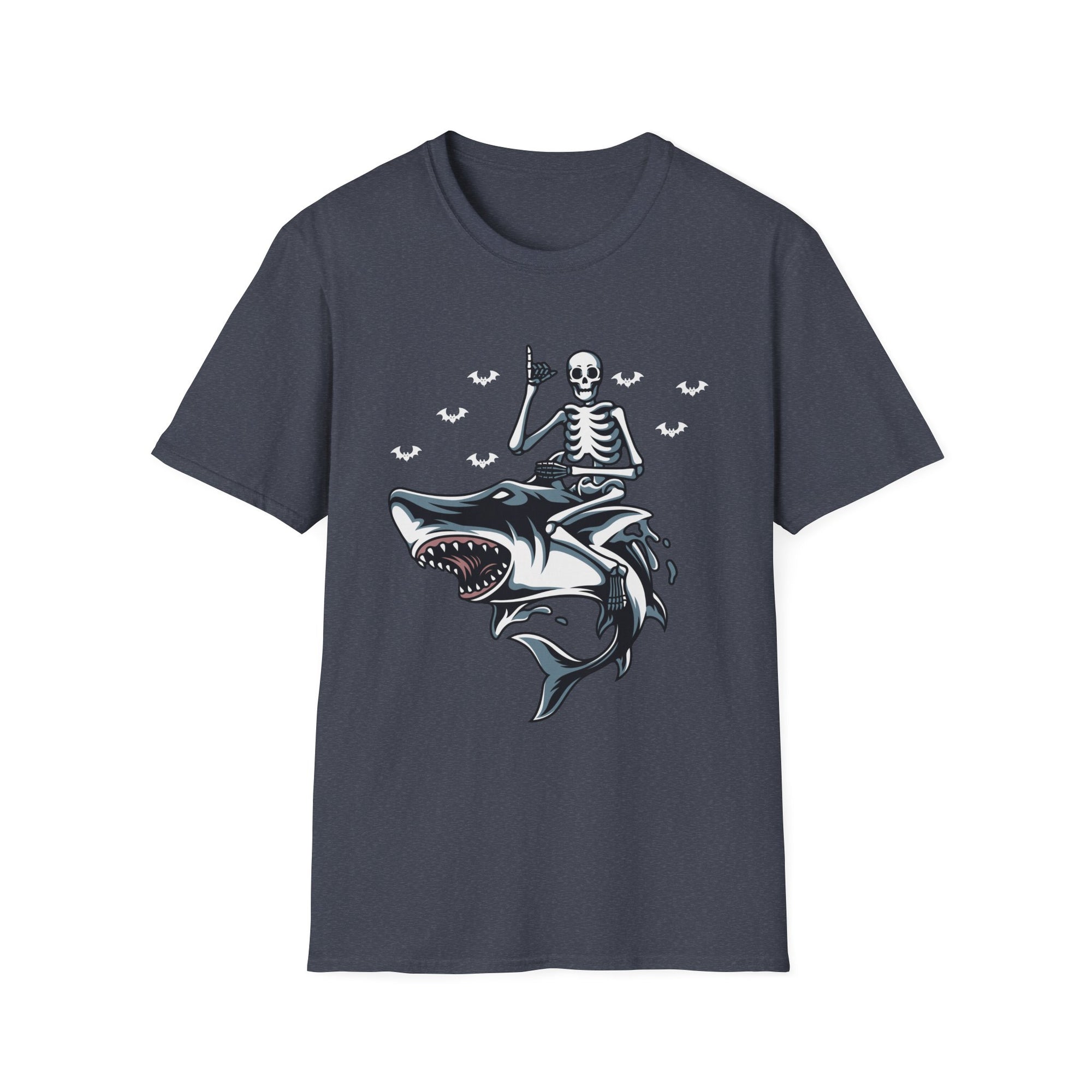 Skeleton Shark Unisex Softstyle T-Shirt, Fun Halloween Apparel, Unique Gifting, Casual Wear, Spooky Season Tee