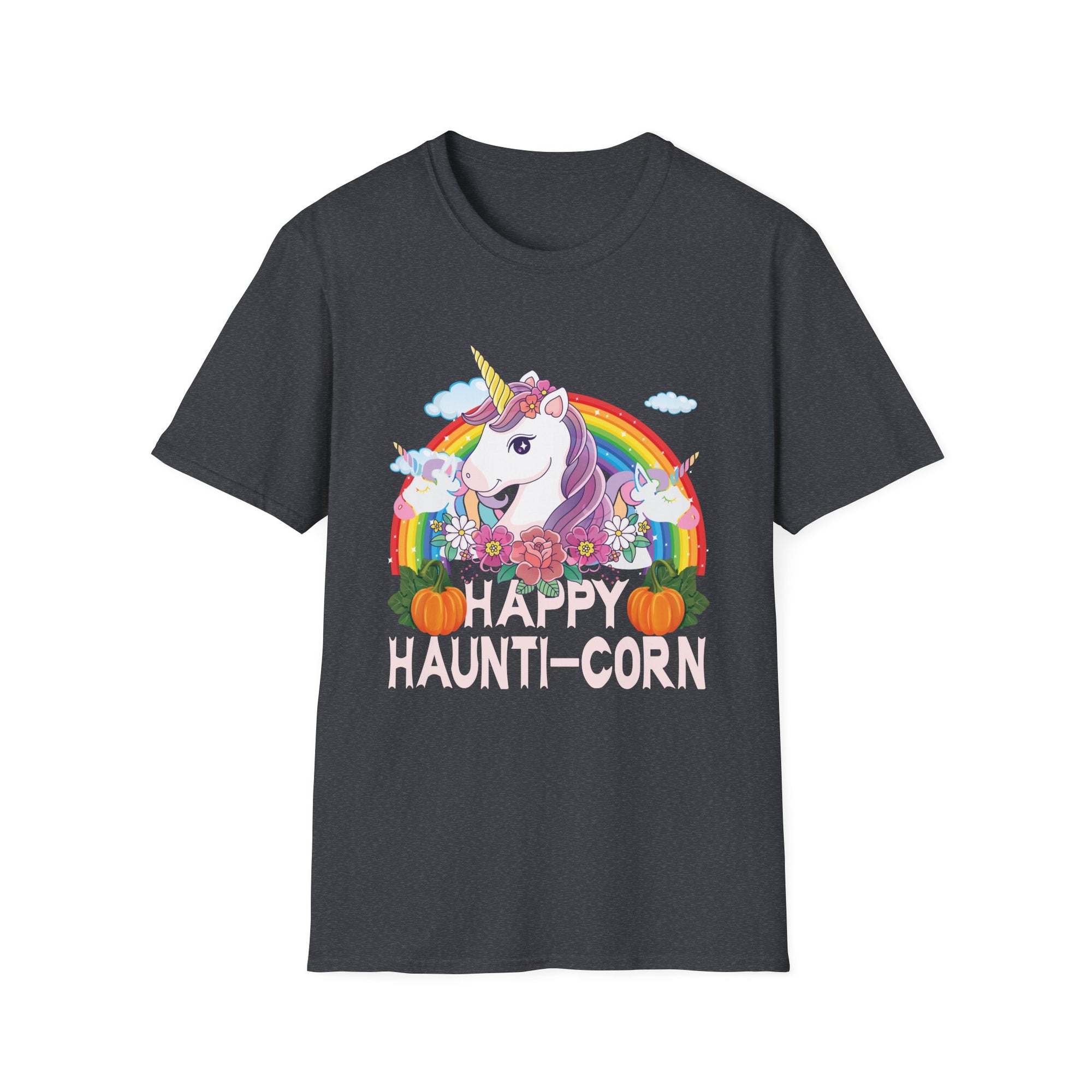 Happy Haunti-Corn Unisex Softstyle T-Shirt | Fun Unicorn Halloween Tee, Gifts for Fall, Cozy Casual Wear, Holiday Apparel, Playful Designs