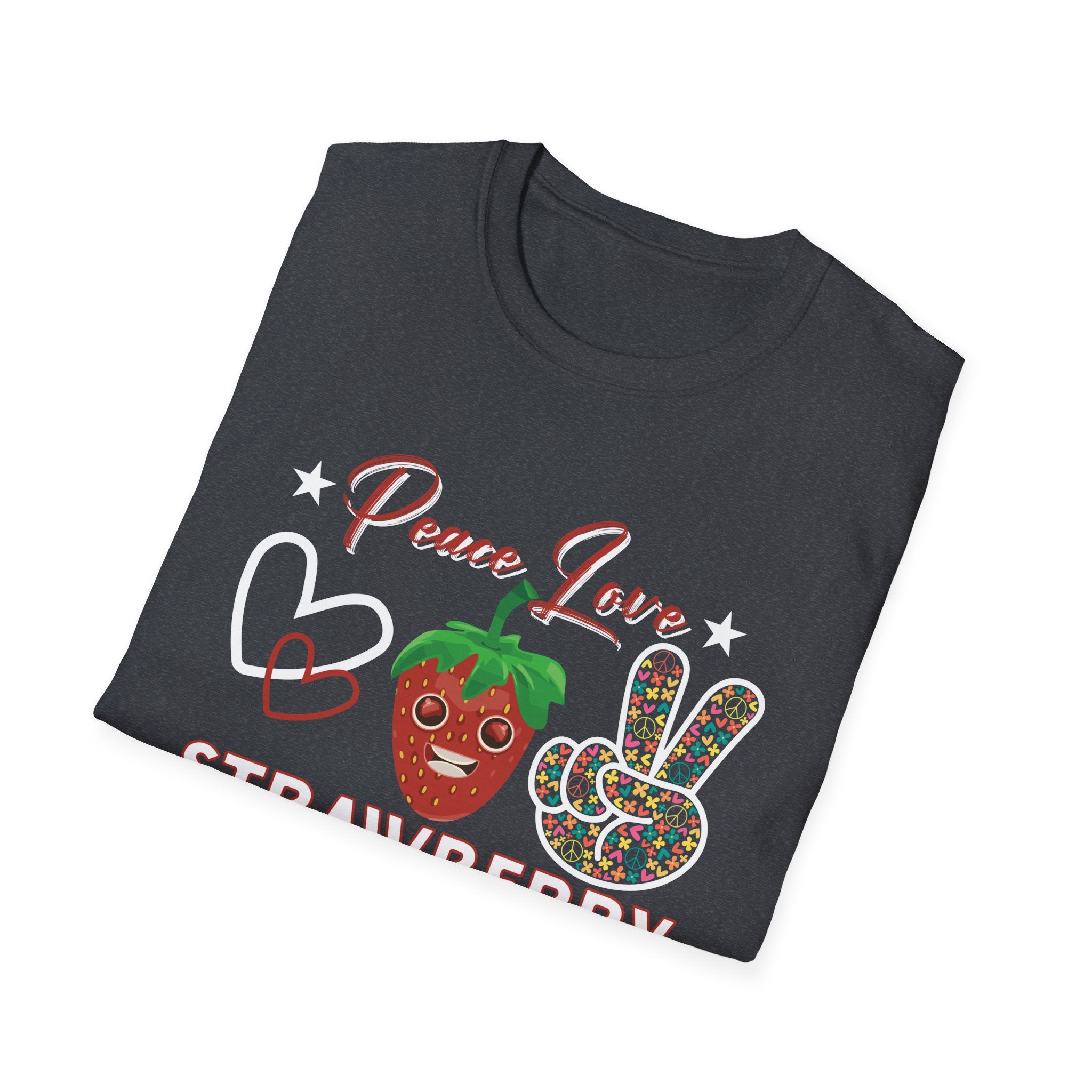 Strawberry Peace Love T-Shirt, Softstyle Graphic Tee for Strawberry Lovers, Cute Summer Shirt, Fun Festival Wear, Unique Gift Idea