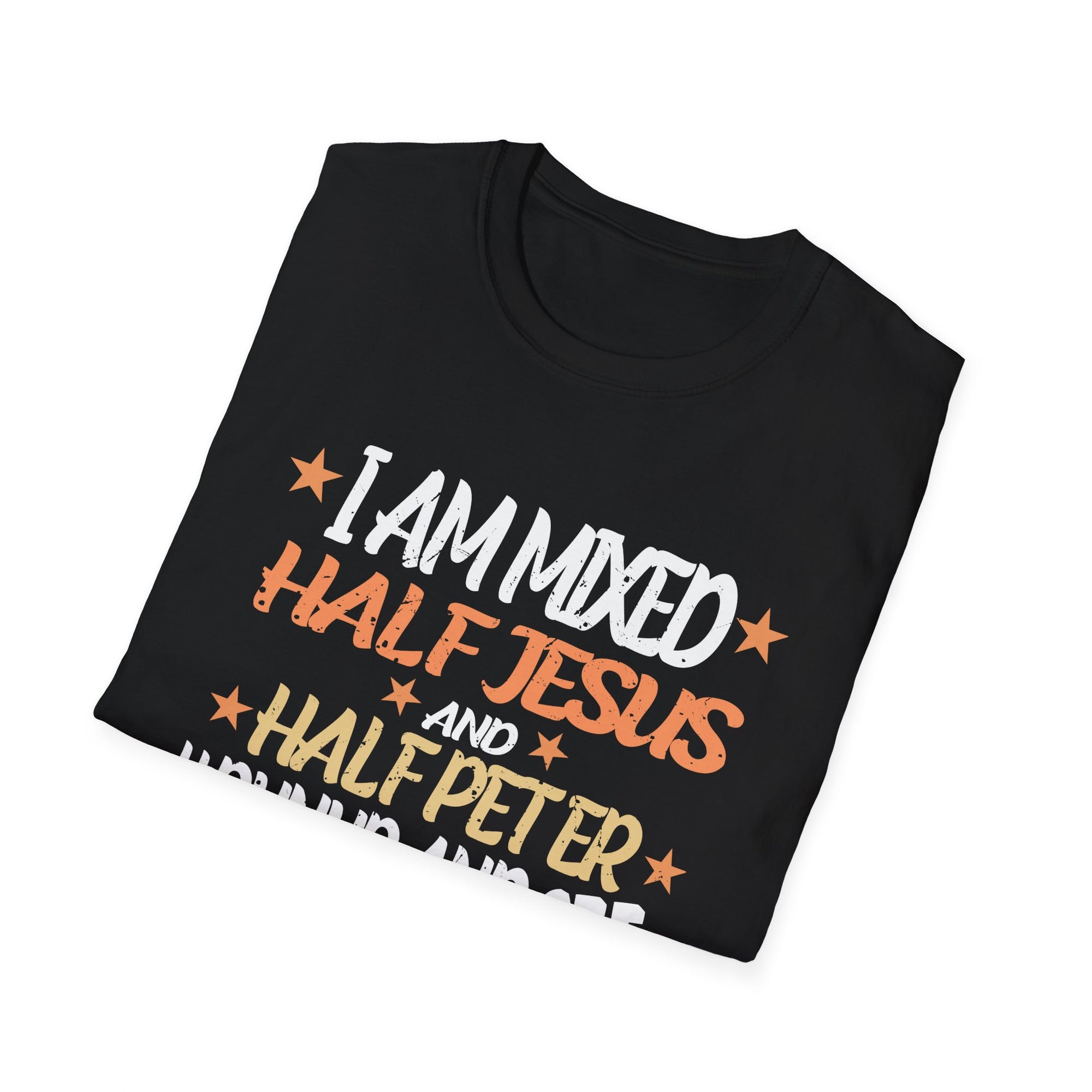 Mixed Heritage Unisex T-Shirt, Funny Christian Tee, Half Jesus Half Peter Shirt, Gift for Him/Her, Unique Religious Apparel