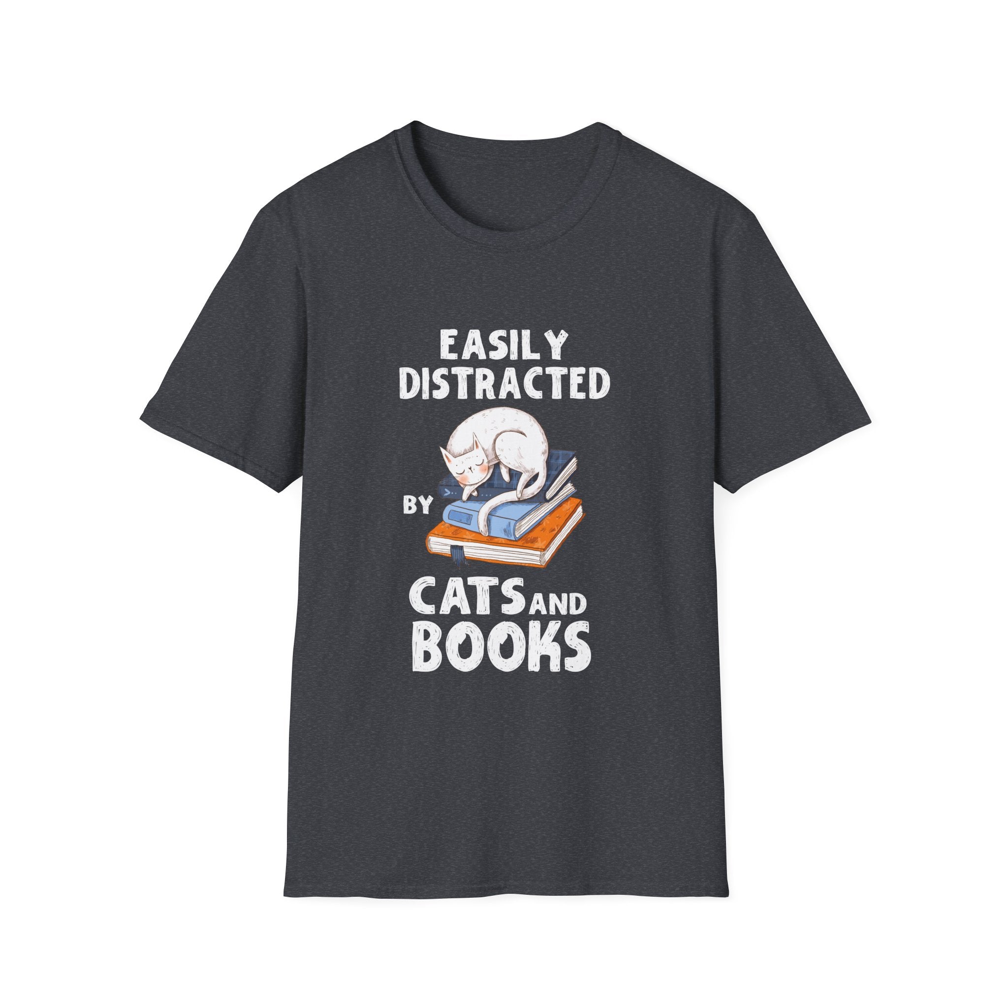 Easily Distracted by Cats and Books - Funny Cat & Book Lover Unisex Softstyle T-Shirt