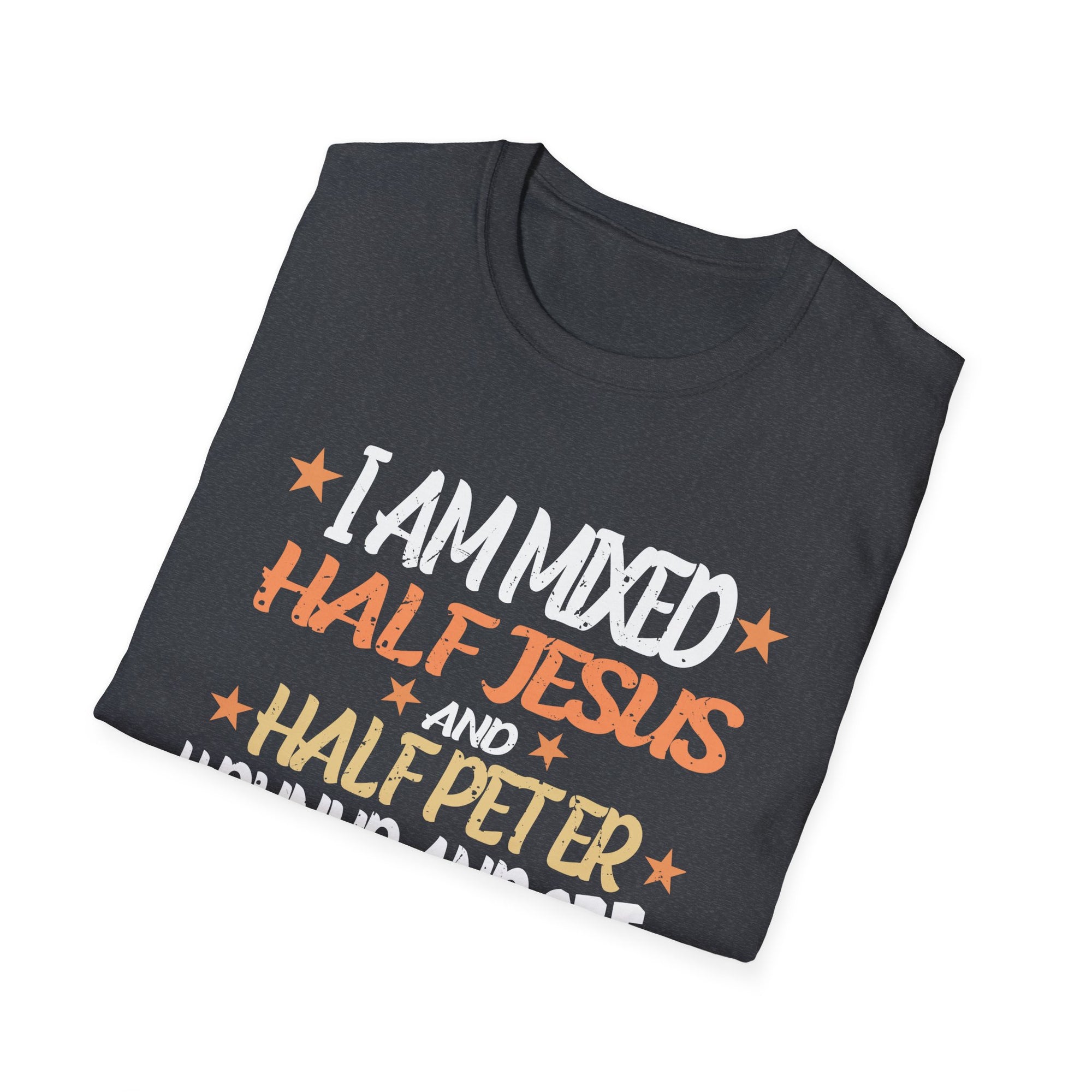 Mixed Heritage Unisex T-Shirt, Funny Christian Tee, Half Jesus Half Peter Shirt, Gift for Him/Her, Unique Religious Apparel