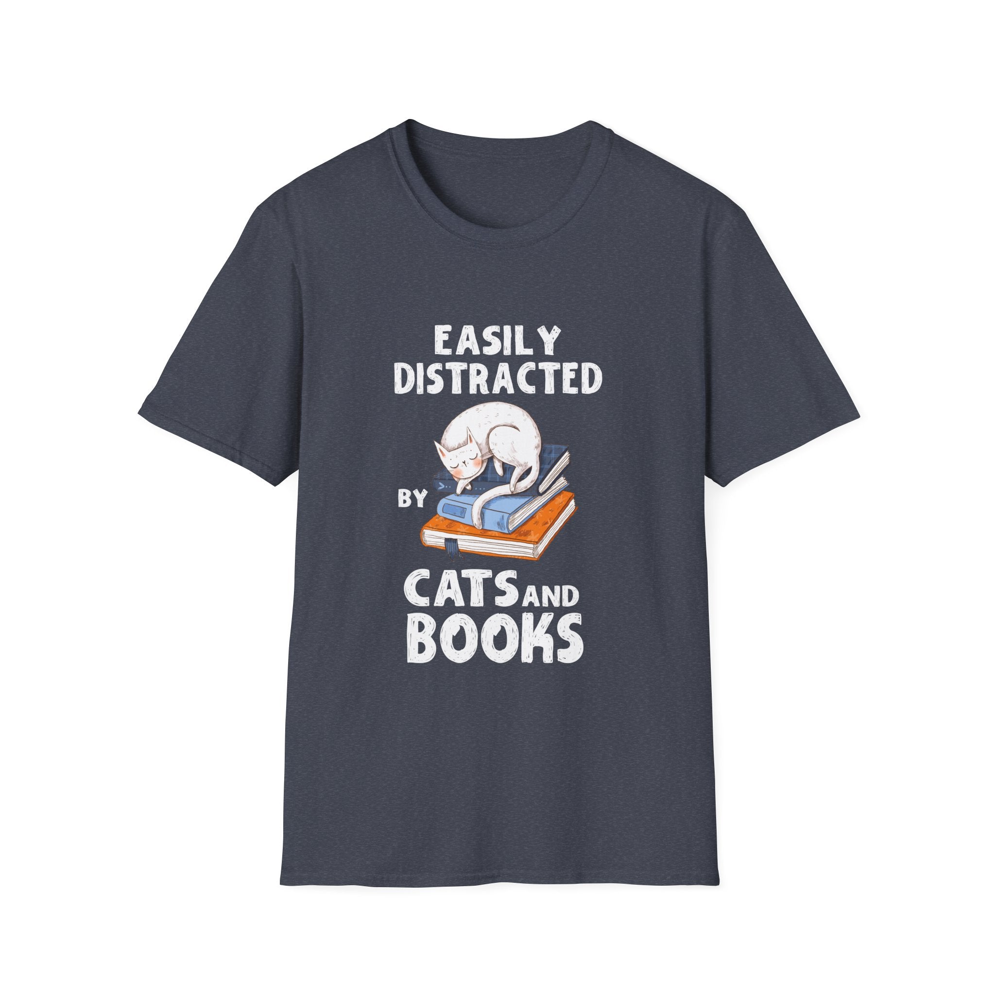 Easily Distracted by Cats and Books - Funny Cat & Book Lover Unisex Softstyle T-Shirt