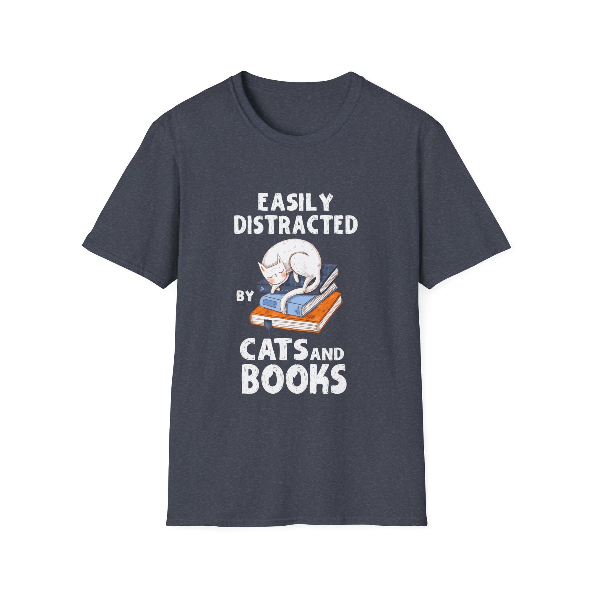 Easily Distracted by Cats and Books - Funny Cat & Book Lover Unisex Softstyle T-Shirt