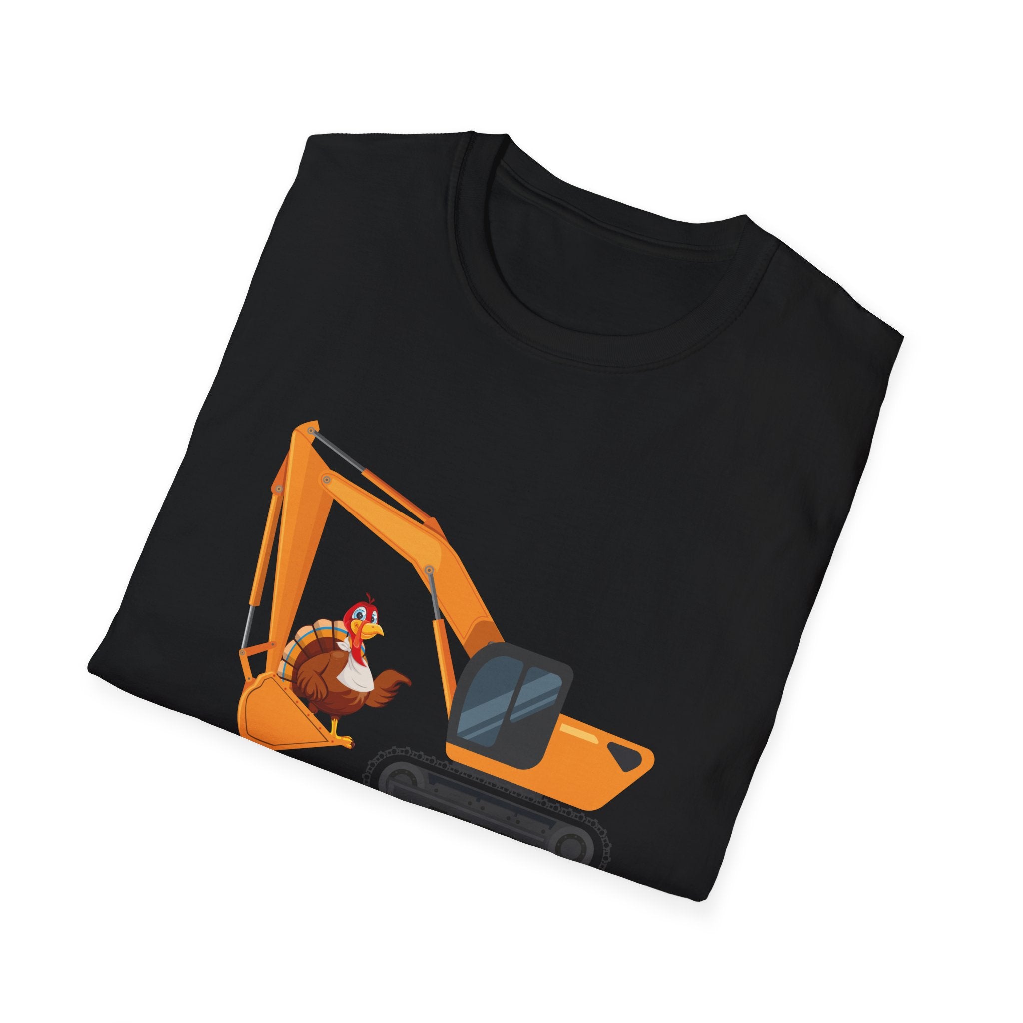 Thanksgiving Themed T-Shirt with Excavator and Turkey Design, Festive Gift for Men, Women, Kids, Unisex Softstyle Tee