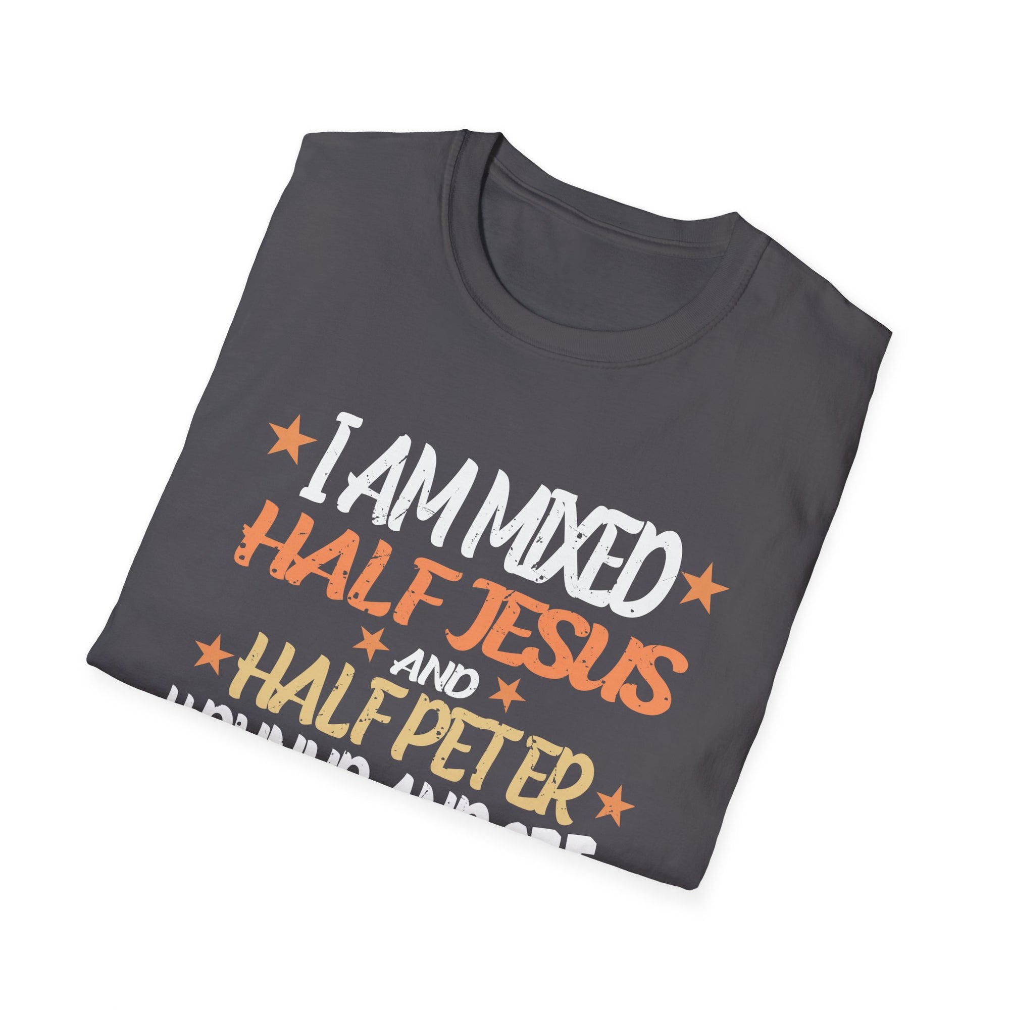 Mixed Heritage Unisex T-Shirt, Funny Christian Tee, Half Jesus Half Peter Shirt, Gift for Him/Her, Unique Religious Apparel