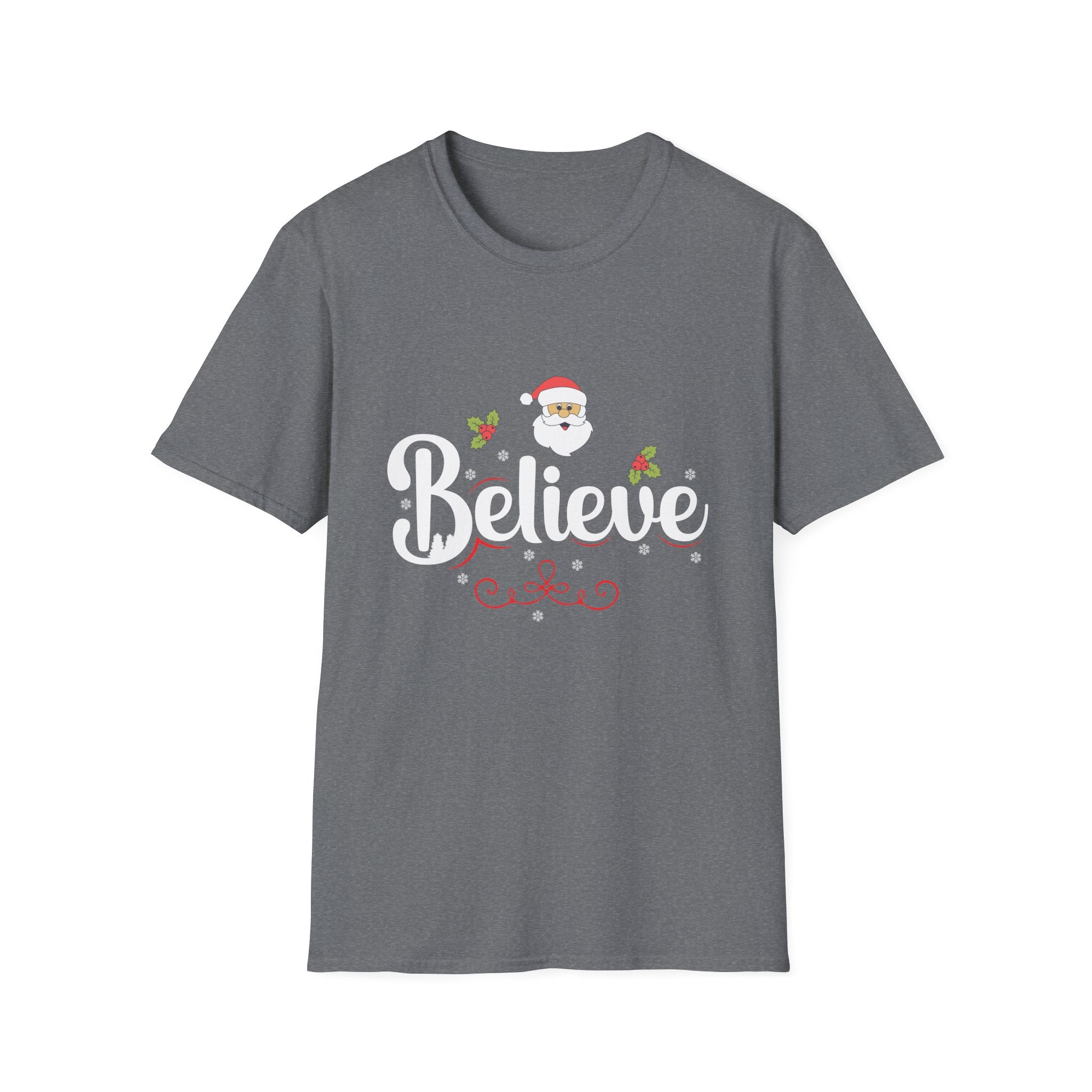 Festive 'Believe' Unisex Softstyle T-Shirt | Christmas Tee, Holiday Gift, Santa Shirt, Gift for Her, Casual Wear