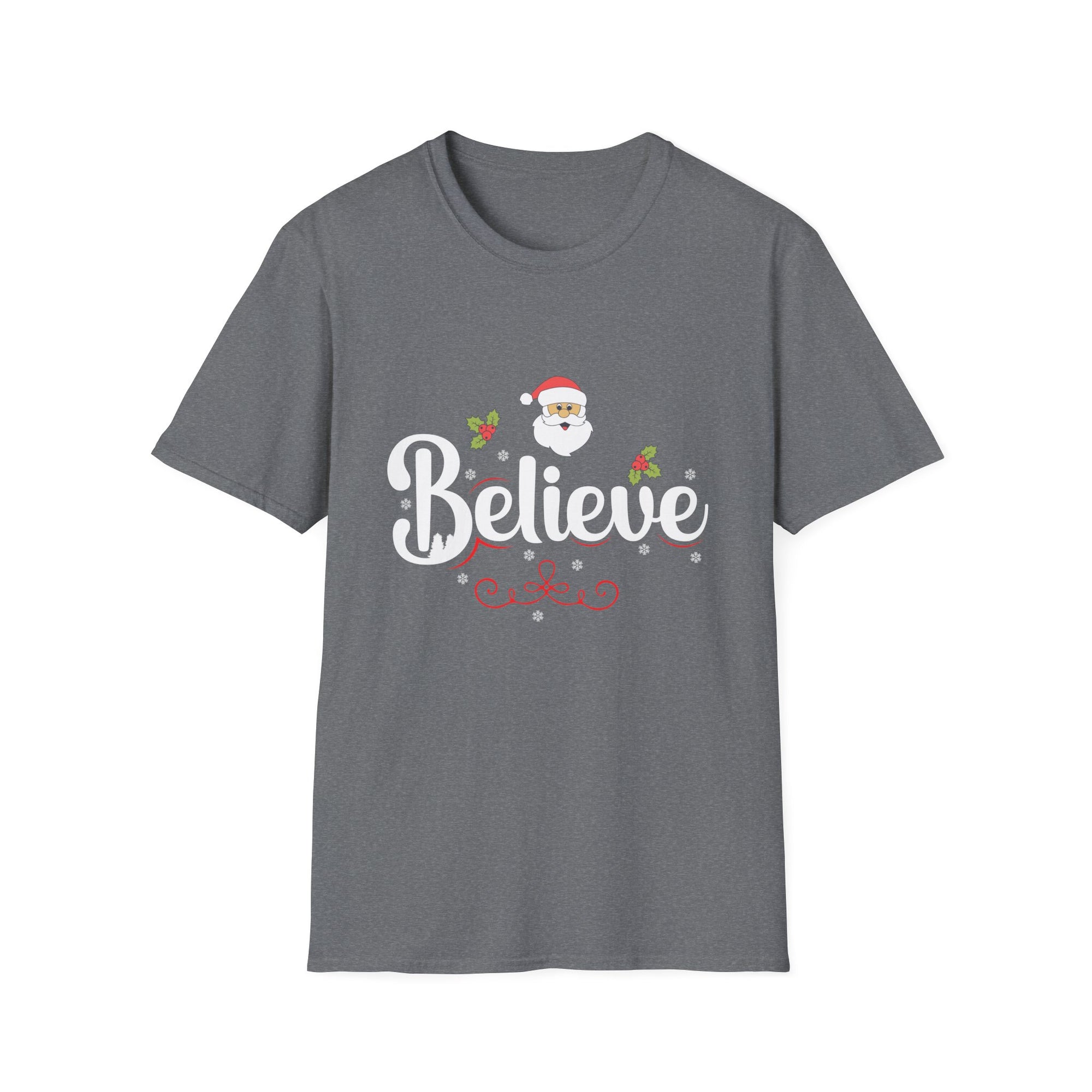 Festive 'Believe' Unisex Softstyle T-Shirt | Christmas Tee, Holiday Gift, Santa Shirt, Gift for Her, Casual Wear