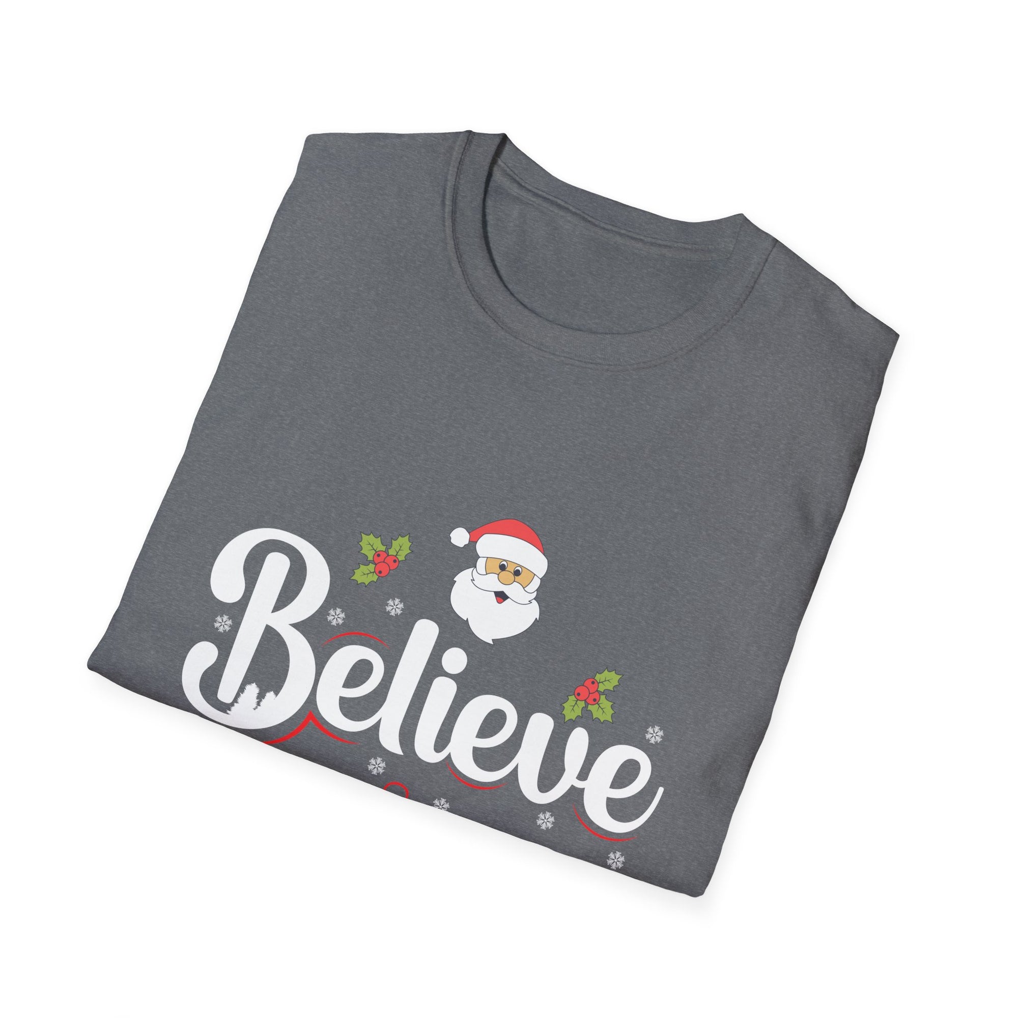 Festive 'Believe' Unisex Softstyle T-Shirt | Christmas Tee, Holiday Gift, Santa Shirt, Gift for Her, Casual Wear
