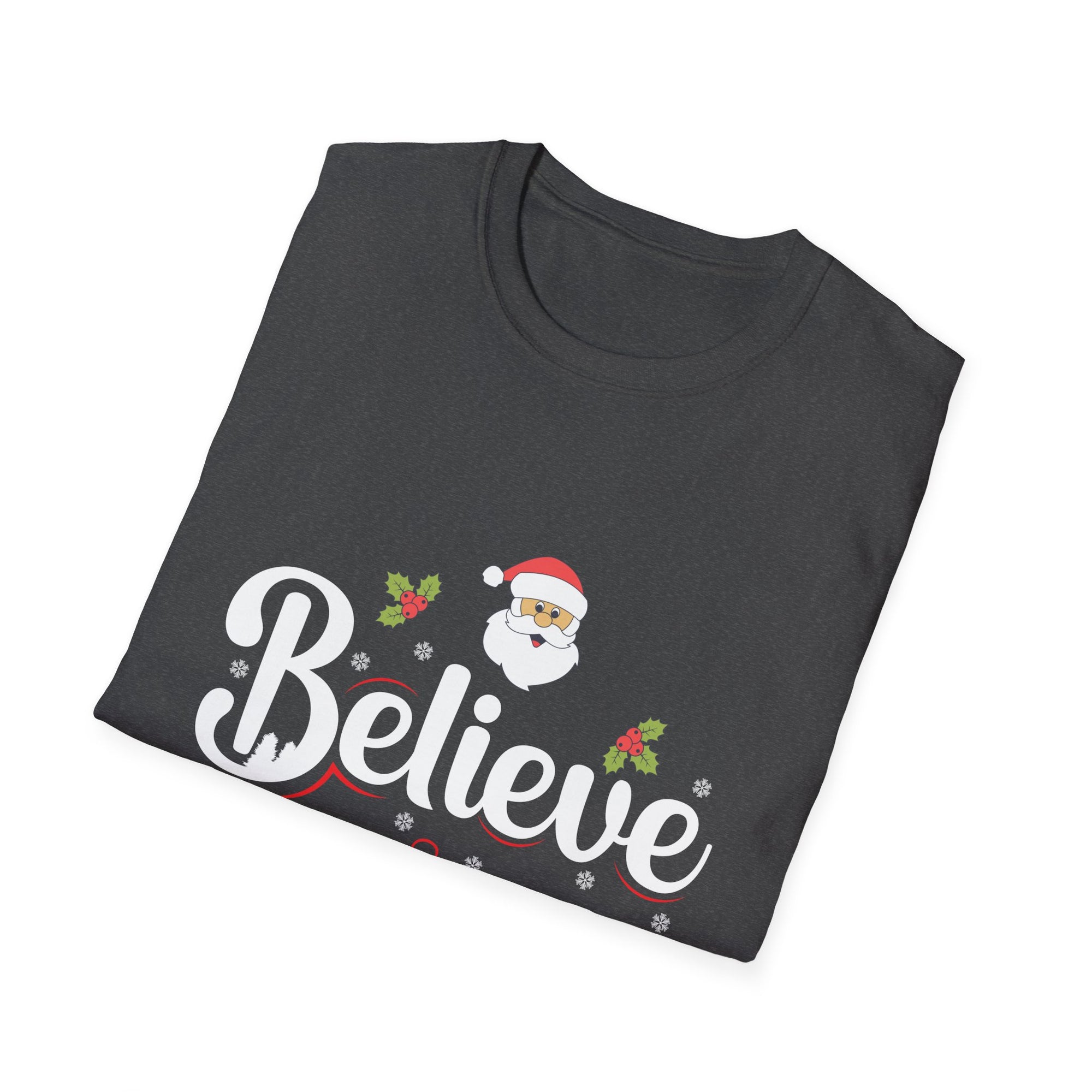 Festive 'Believe' Unisex Softstyle T-Shirt | Christmas Tee, Holiday Gift, Santa Shirt, Gift for Her, Casual Wear