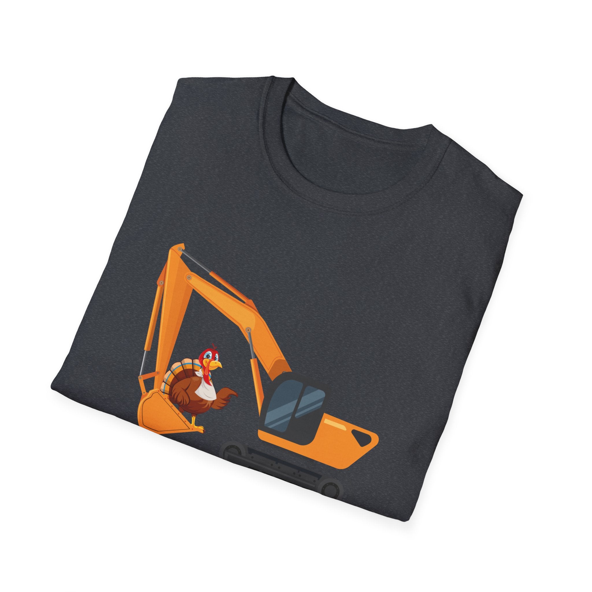 Thanksgiving Themed T-Shirt with Excavator and Turkey Design, Festive Gift for Men, Women, Kids, Unisex Softstyle Tee