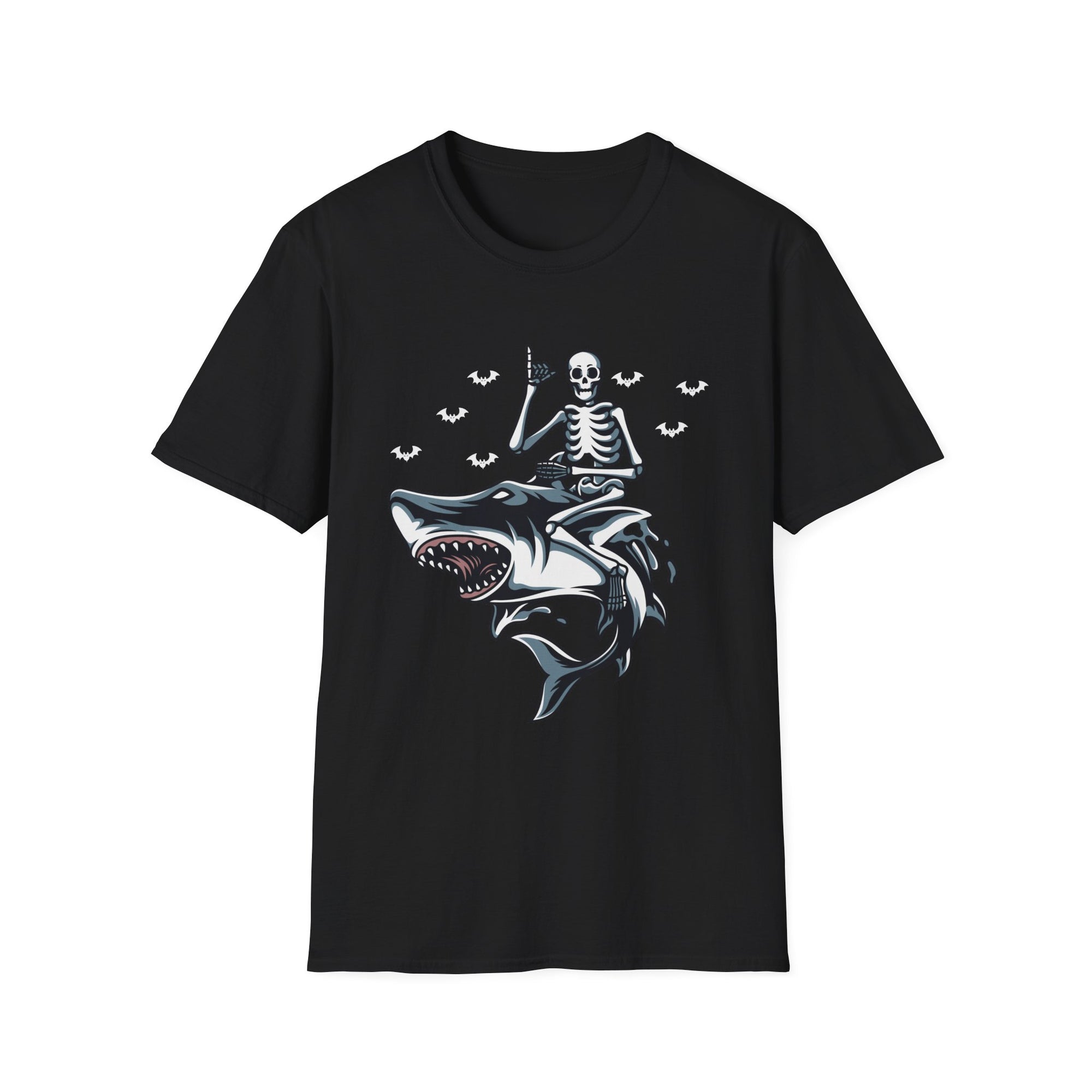 Skeleton Shark Unisex Softstyle T-Shirt, Fun Halloween Apparel, Unique Gifting, Casual Wear, Spooky Season Tee