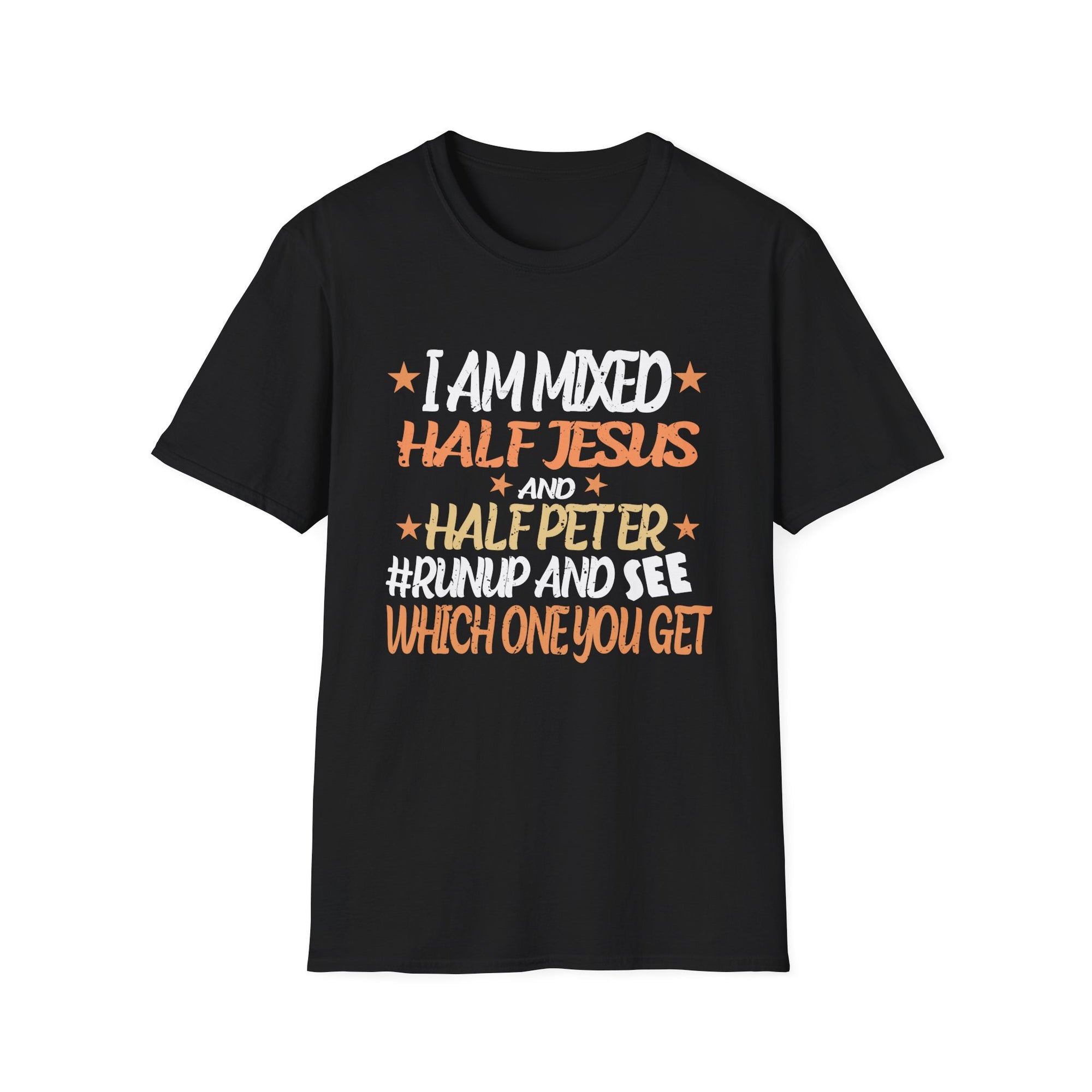 Mixed Heritage Unisex T-Shirt, Funny Christian Tee, Half Jesus Half Peter Shirt, Gift for Him/Her, Unique Religious Apparel