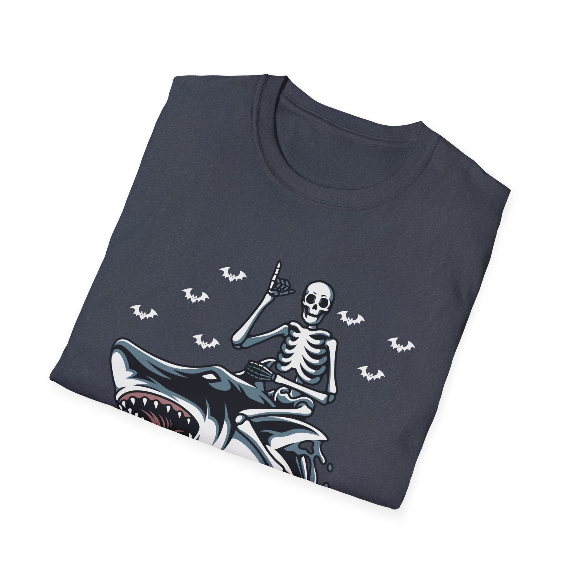 Skeleton Shark Unisex Softstyle T-Shirt, Fun Halloween Apparel, Unique Gifting, Casual Wear, Spooky Season Tee