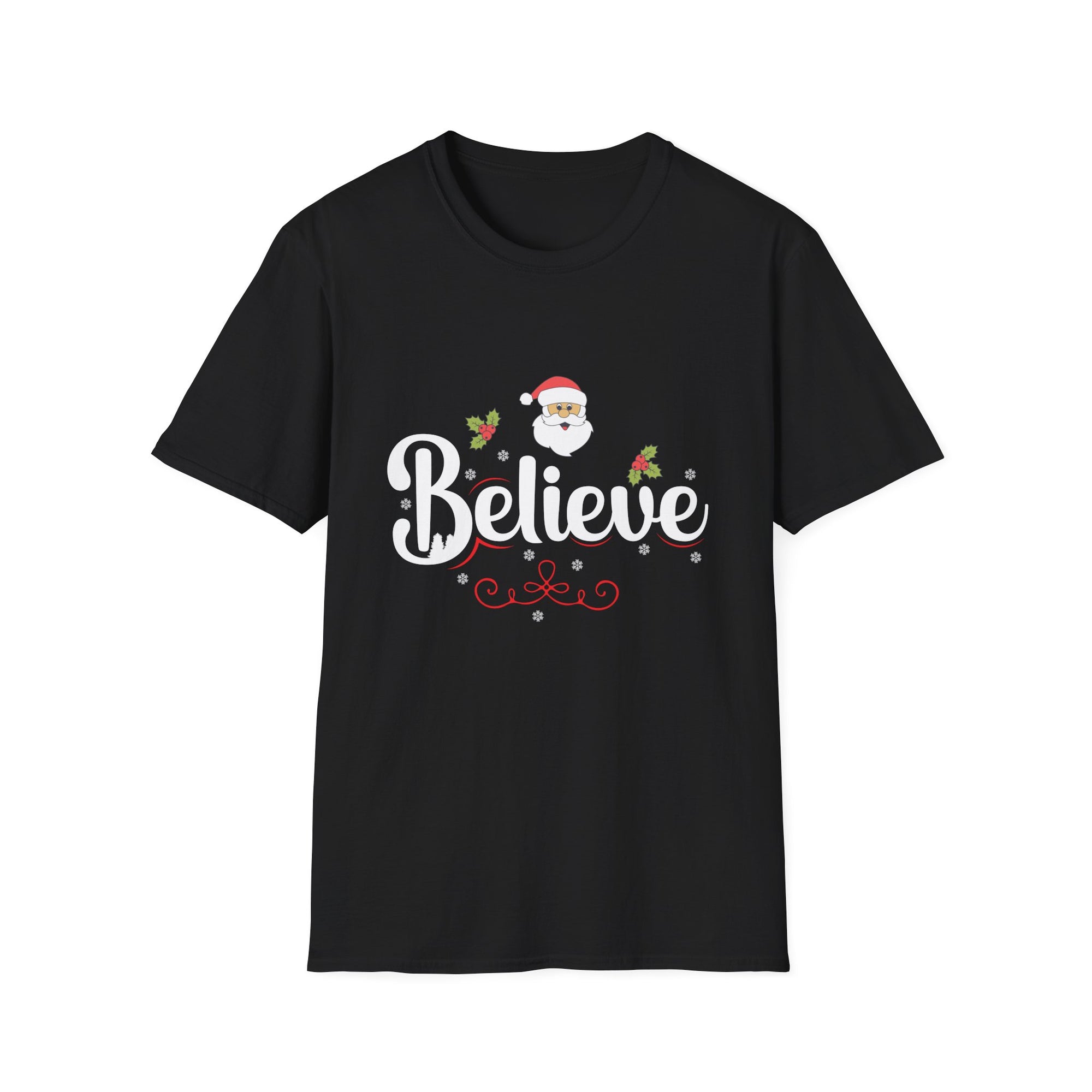 Festive 'Believe' Unisex Softstyle T-Shirt | Christmas Tee, Holiday Gift, Santa Shirt, Gift for Her, Casual Wear