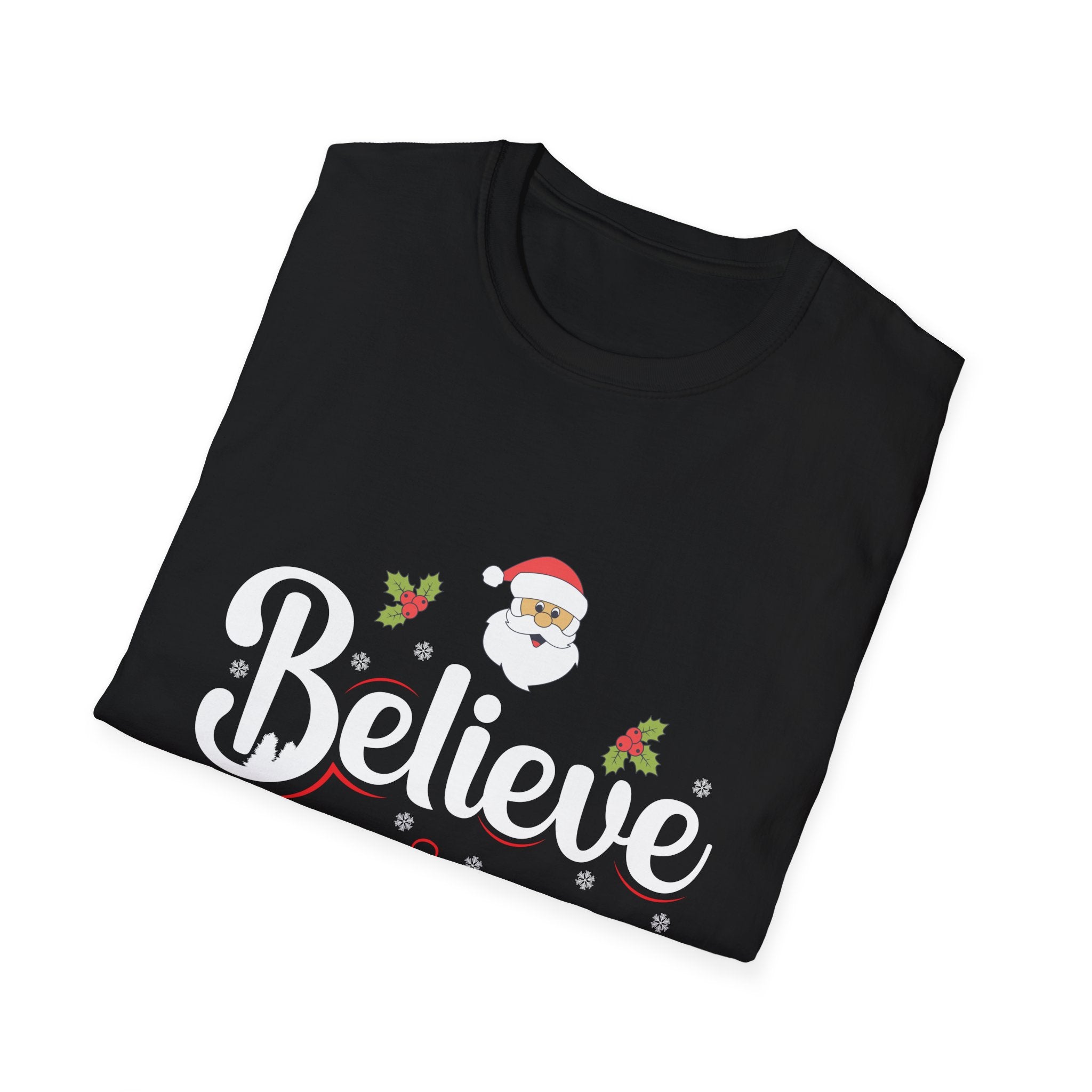 Festive 'Believe' Unisex Softstyle T-Shirt | Christmas Tee, Holiday Gift, Santa Shirt, Gift for Her, Casual Wear