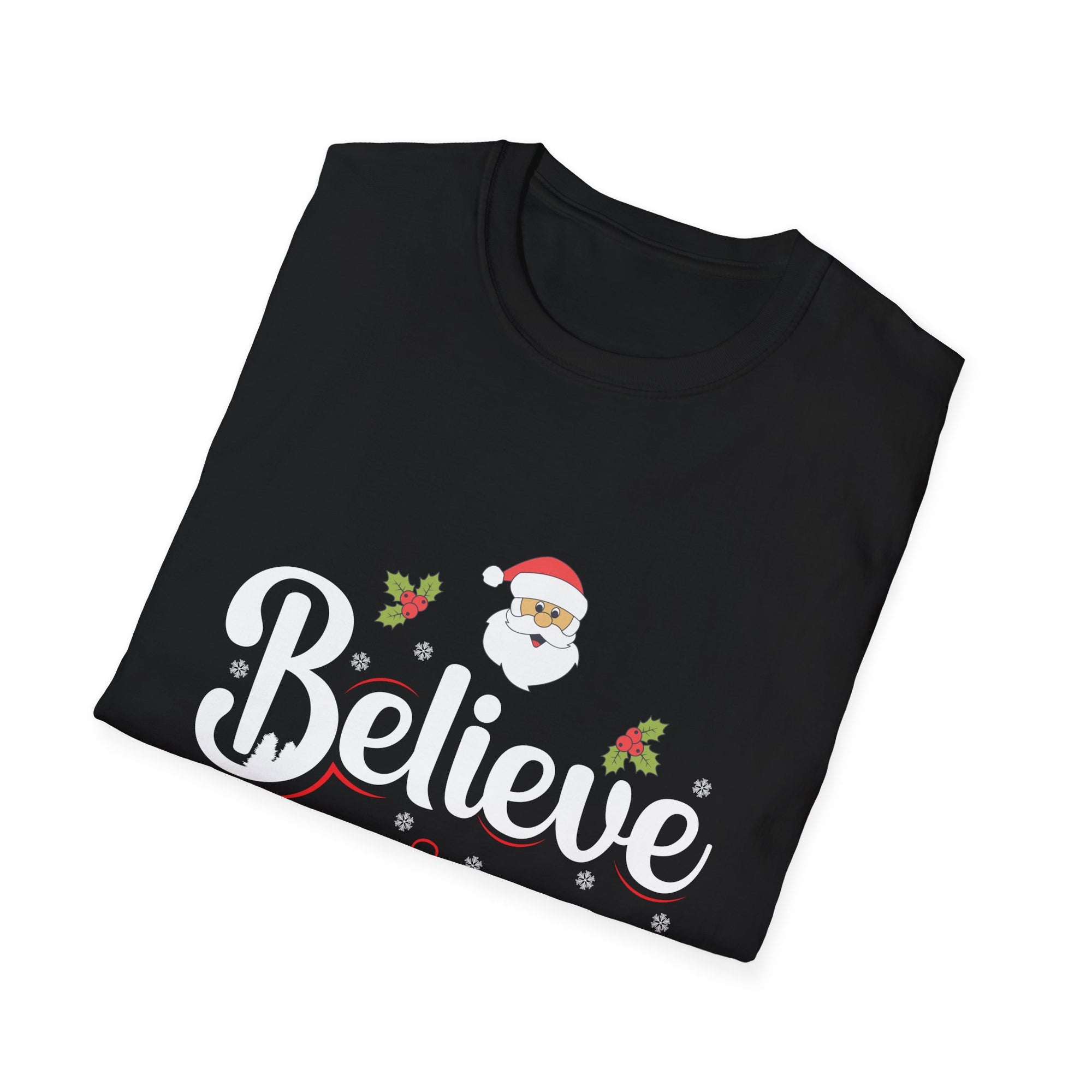 Festive 'Believe' Unisex Softstyle T-Shirt | Christmas Tee, Holiday Gift, Santa Shirt, Gift for Her, Casual Wear