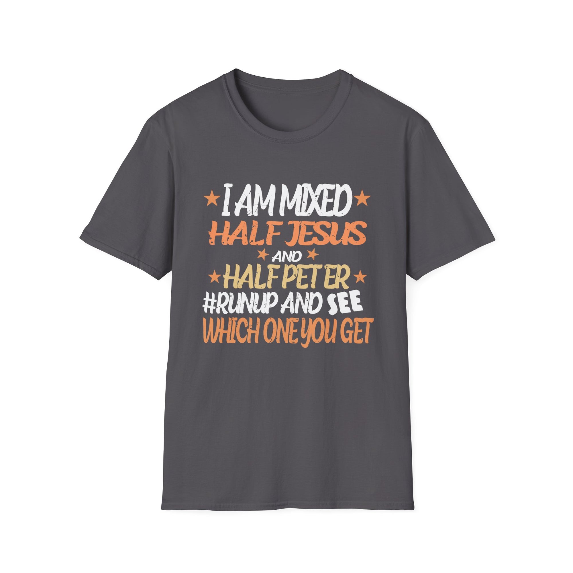 Mixed Heritage Unisex T-Shirt, Funny Christian Tee, Half Jesus Half Peter Shirt, Gift for Him/Her, Unique Religious Apparel