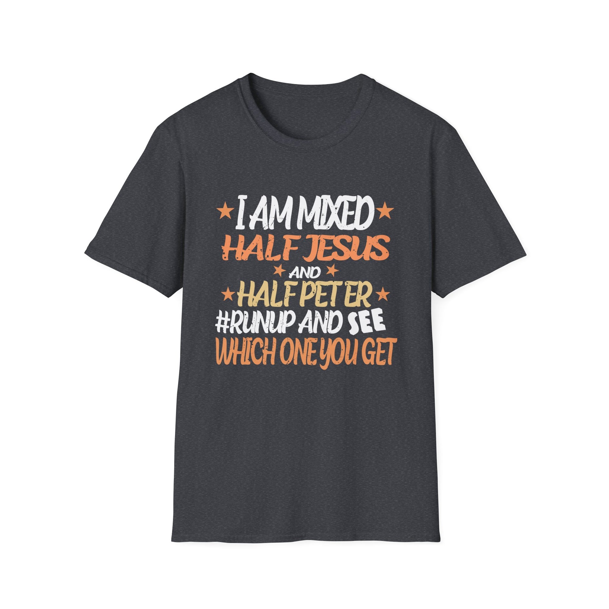 Mixed Heritage Unisex T-Shirt, Funny Christian Tee, Half Jesus Half Peter Shirt, Gift for Him/Her, Unique Religious Apparel