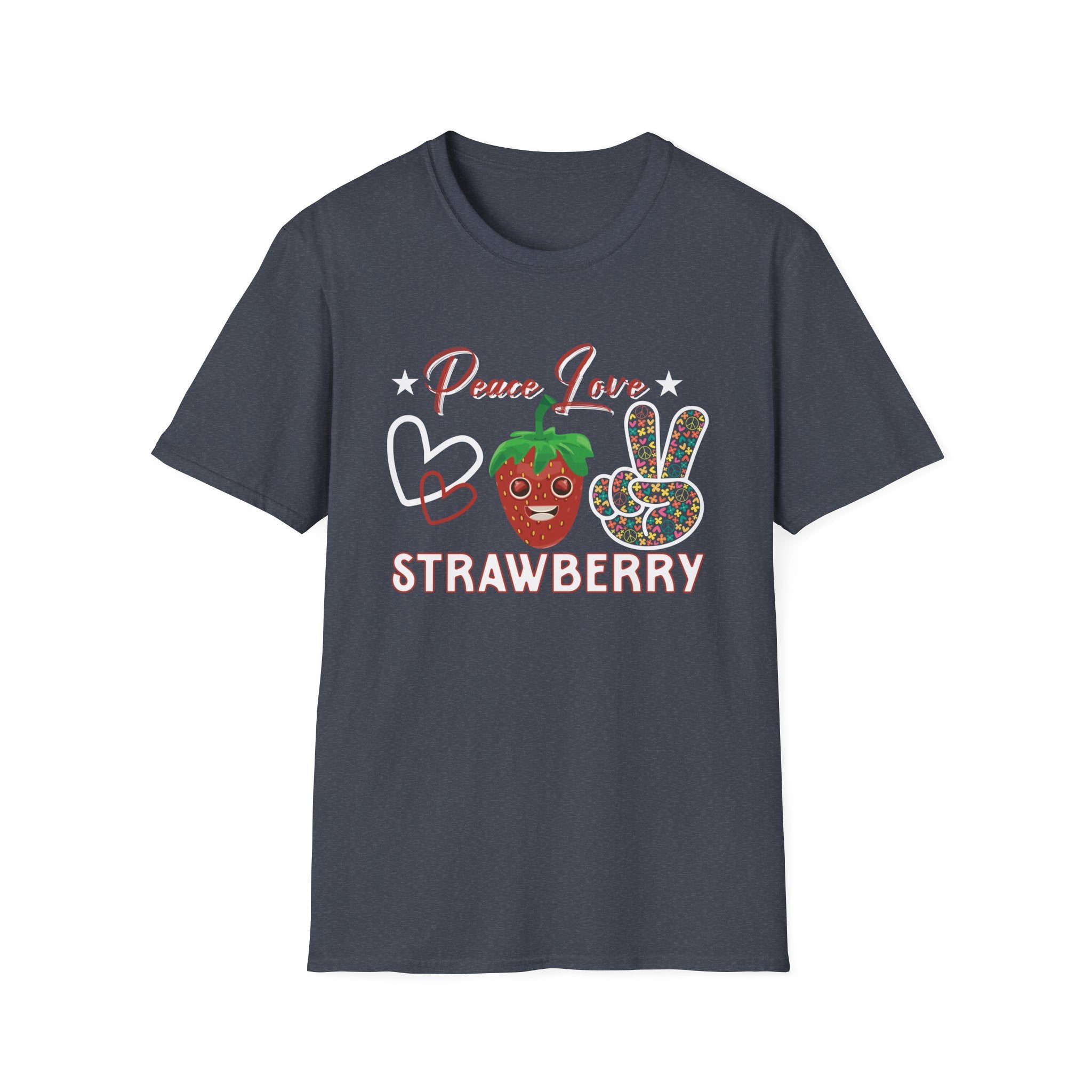 Strawberry Peace Love T-Shirt, Softstyle Graphic Tee for Strawberry Lovers, Cute Summer Shirt, Fun Festival Wear, Unique Gift Idea