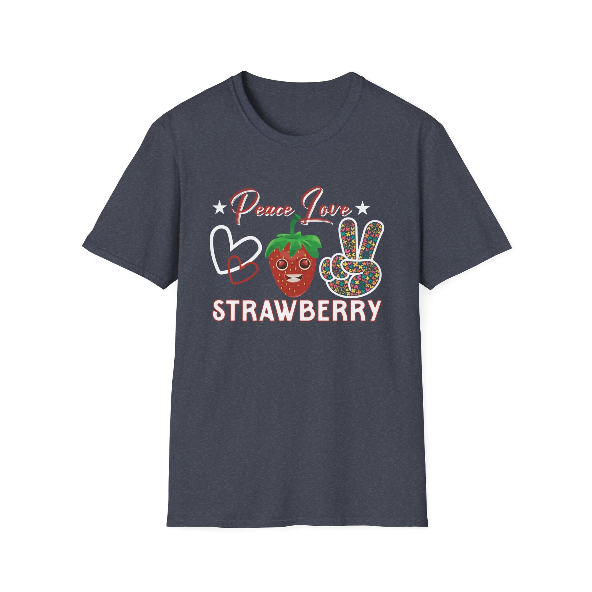 Strawberry Peace Love T-Shirt, Softstyle Graphic Tee for Strawberry Lovers, Cute Summer Shirt, Fun Festival Wear, Unique Gift Idea