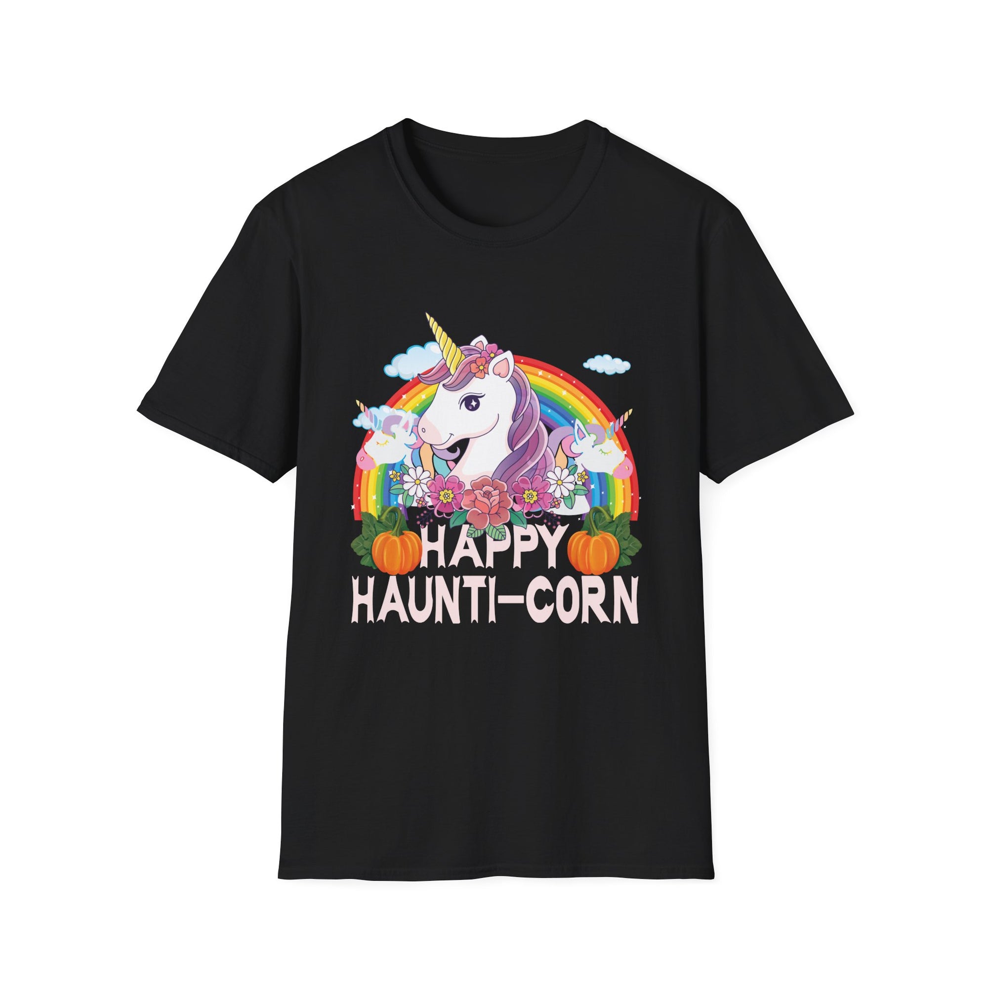 Happy Haunti-Corn Unisex Softstyle T-Shirt | Fun Unicorn Halloween Tee, Gifts for Fall, Cozy Casual Wear, Holiday Apparel, Playful Designs