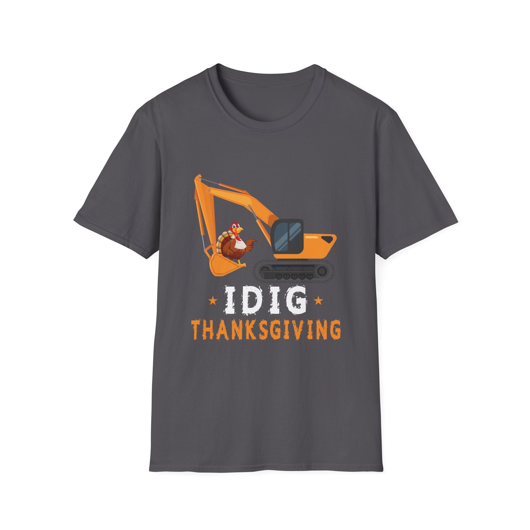 Thanksgiving Themed T-Shirt with Excavator and Turkey Design, Festive Gift for Men, Women, Kids, Unisex Softstyle Tee