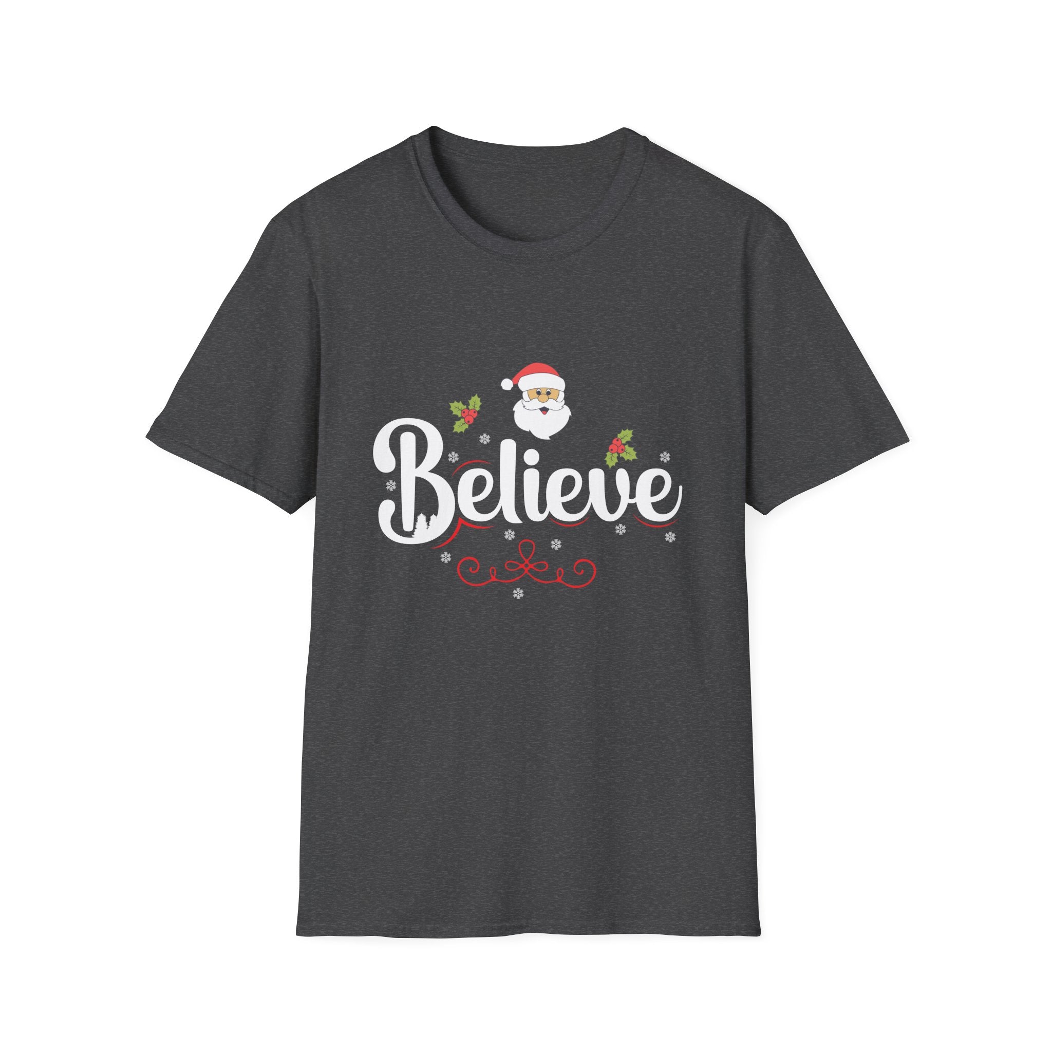 Festive 'Believe' Unisex Softstyle T-Shirt | Christmas Tee, Holiday Gift, Santa Shirt, Gift for Her, Casual Wear