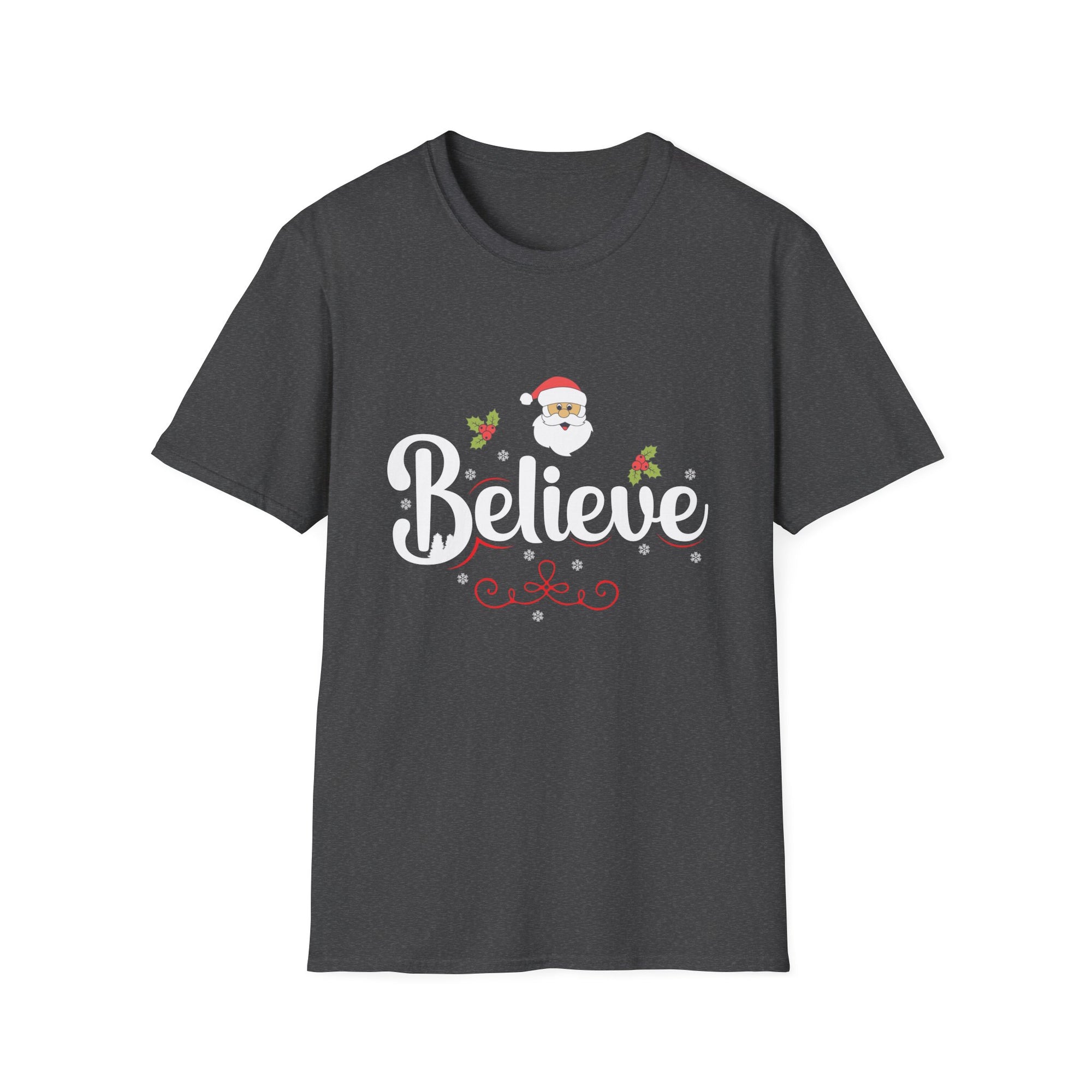 Festive 'Believe' Unisex Softstyle T-Shirt | Christmas Tee, Holiday Gift, Santa Shirt, Gift for Her, Casual Wear