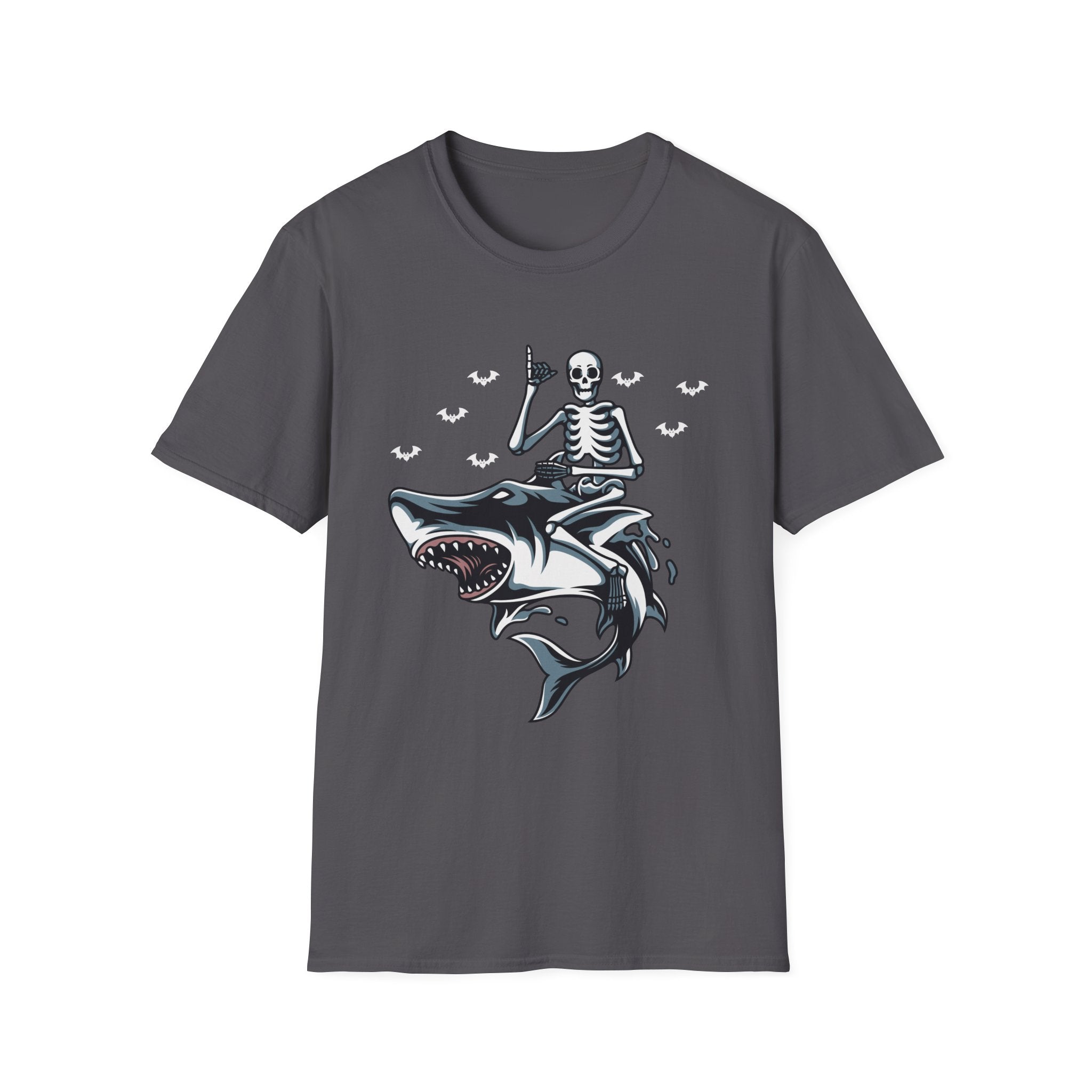 Skeleton Shark Unisex Softstyle T-Shirt, Fun Halloween Apparel, Unique Gifting, Casual Wear, Spooky Season Tee