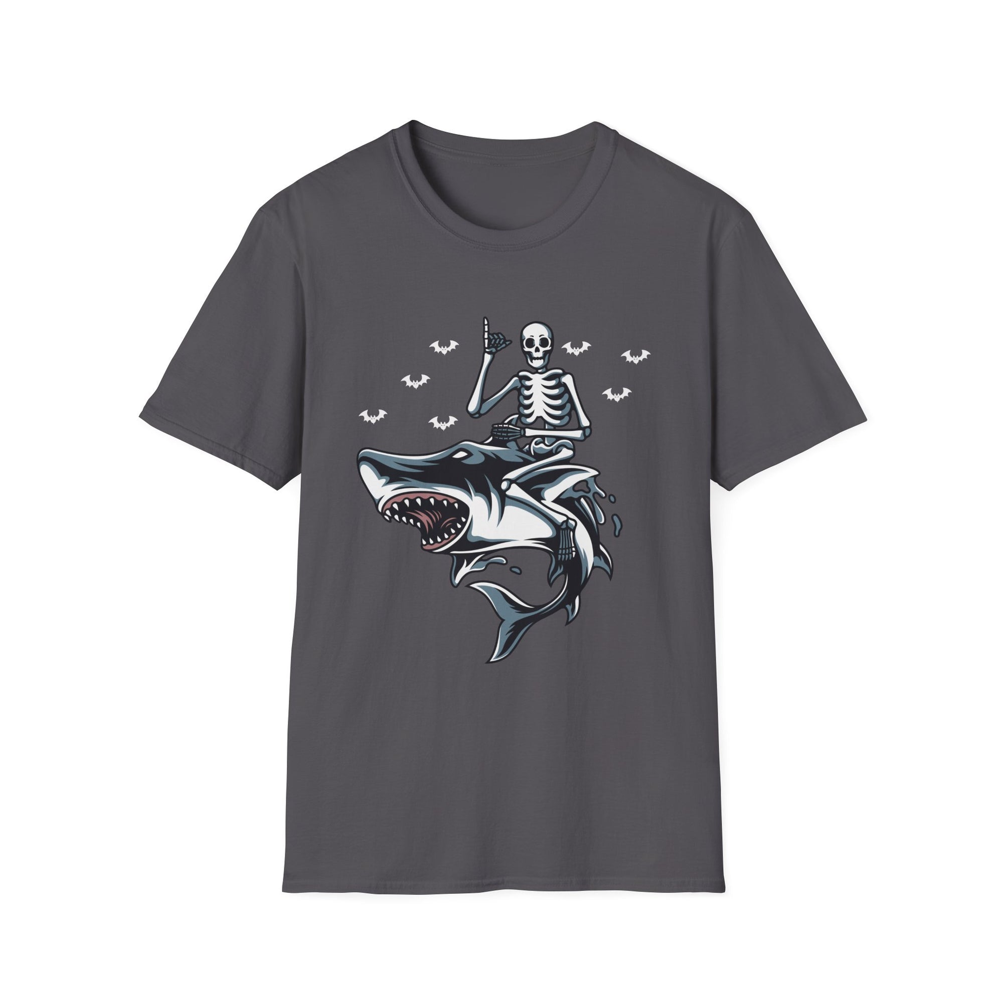 Skeleton Shark Unisex Softstyle T-Shirt, Fun Halloween Apparel, Unique Gifting, Casual Wear, Spooky Season Tee