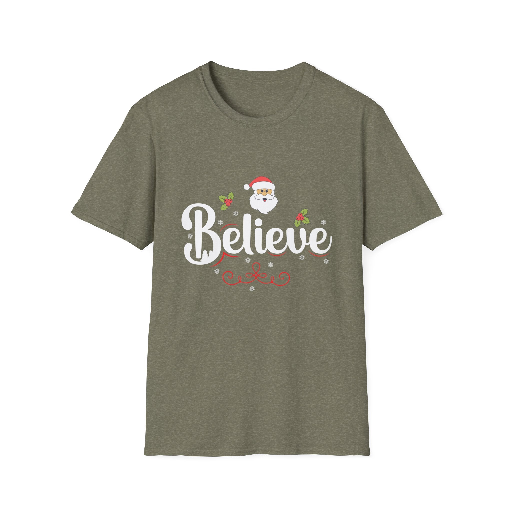 Festive 'Believe' Unisex Softstyle T-Shirt | Christmas Tee, Holiday Gift, Santa Shirt, Gift for Her, Casual Wear