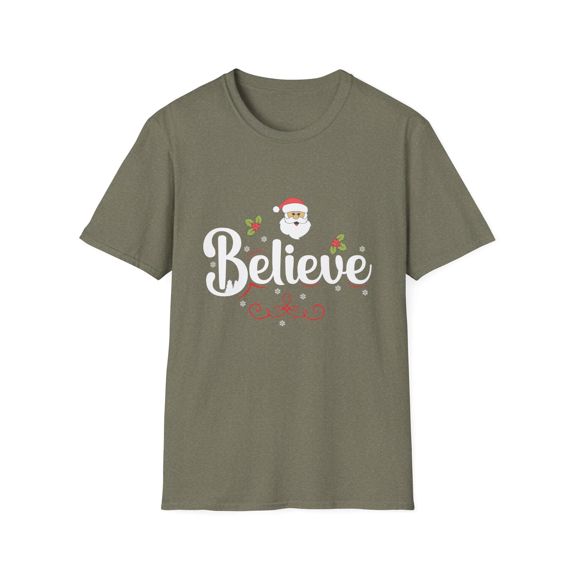 Festive 'Believe' Unisex Softstyle T-Shirt | Christmas Tee, Holiday Gift, Santa Shirt, Gift for Her, Casual Wear