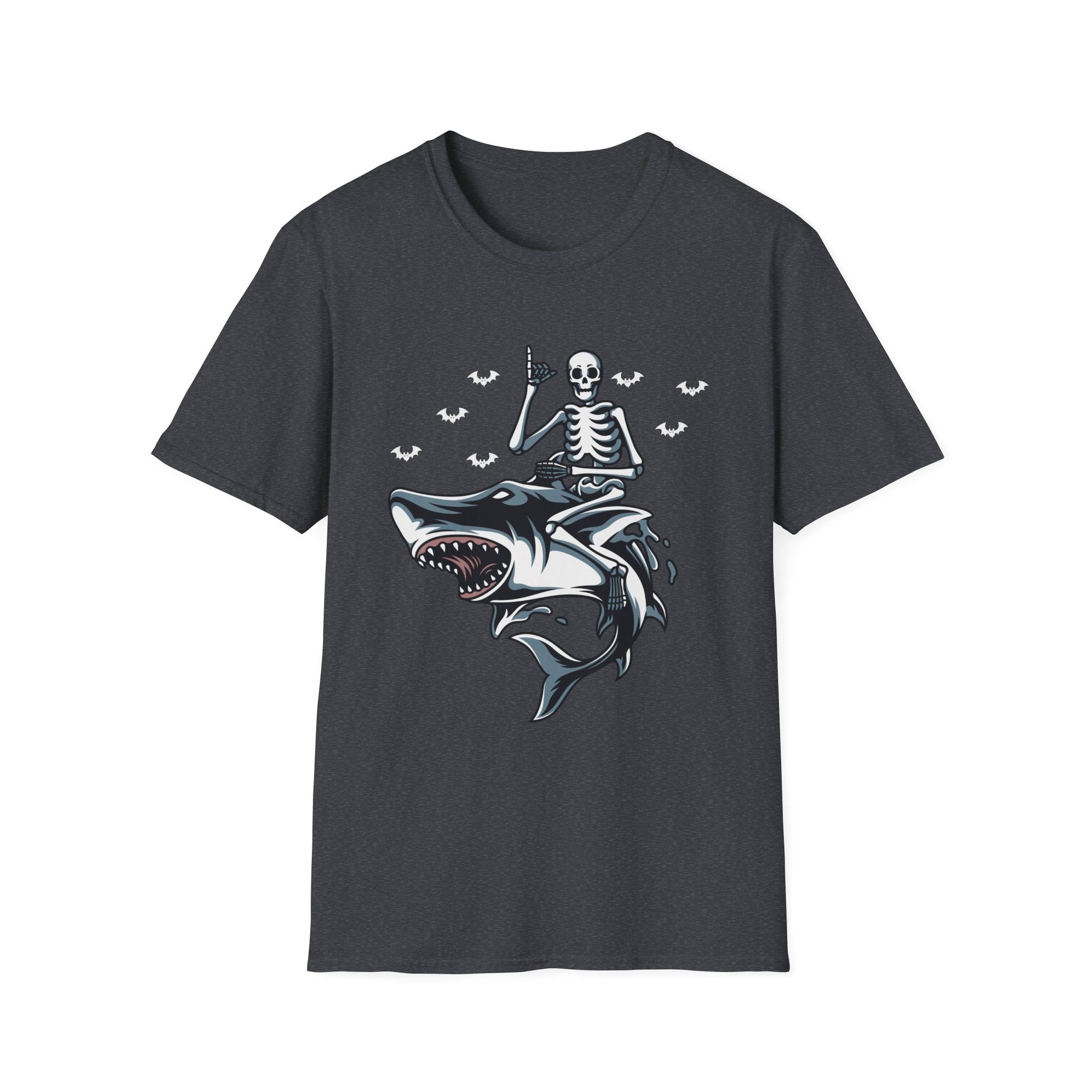 Skeleton Shark Unisex Softstyle T-Shirt, Fun Halloween Apparel, Unique Gifting, Casual Wear, Spooky Season Tee