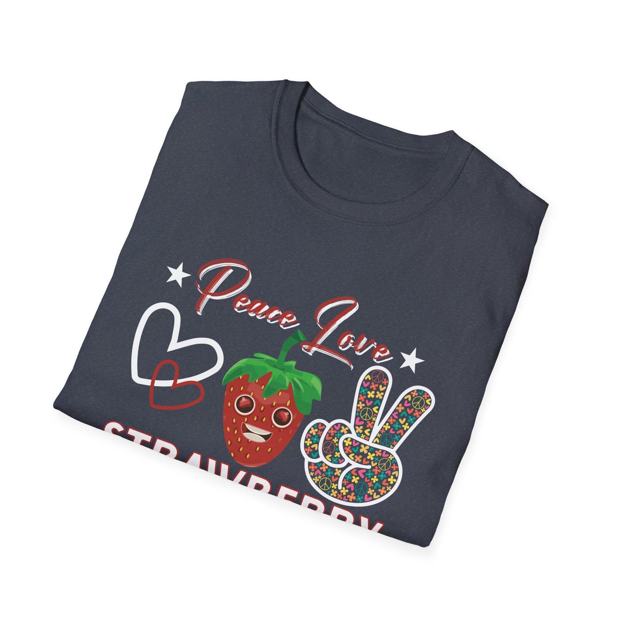 Strawberry Peace Love T-Shirt, Softstyle Graphic Tee for Strawberry Lovers, Cute Summer Shirt, Fun Festival Wear, Unique Gift Idea