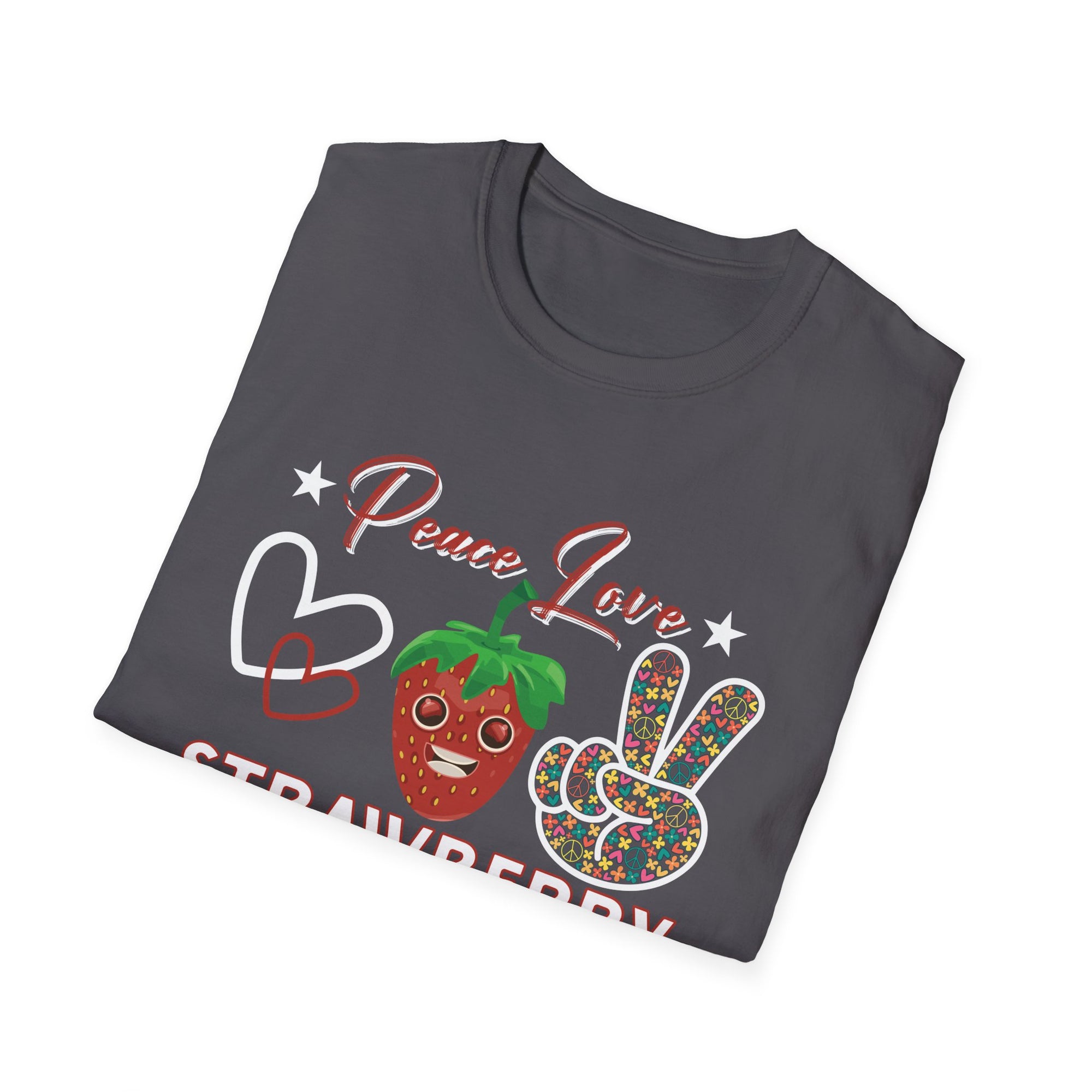 Strawberry Peace Love T-Shirt, Softstyle Graphic Tee for Strawberry Lovers, Cute Summer Shirt, Fun Festival Wear, Unique Gift Idea