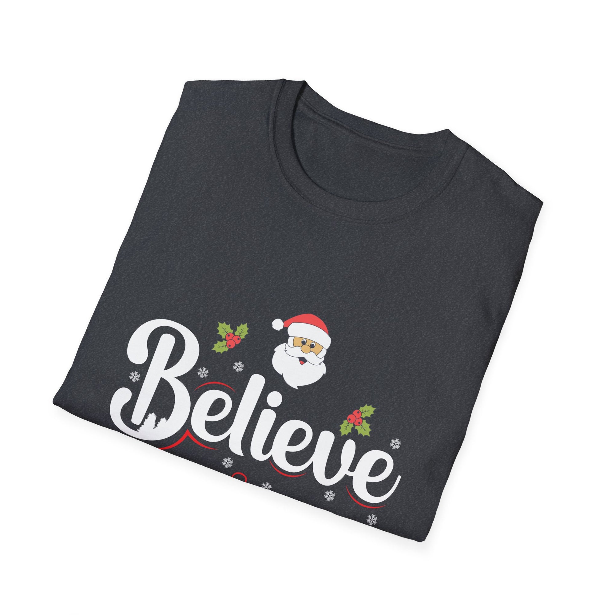 Festive 'Believe' Unisex Softstyle T-Shirt | Christmas Tee, Holiday Gift, Santa Shirt, Gift for Her, Casual Wear