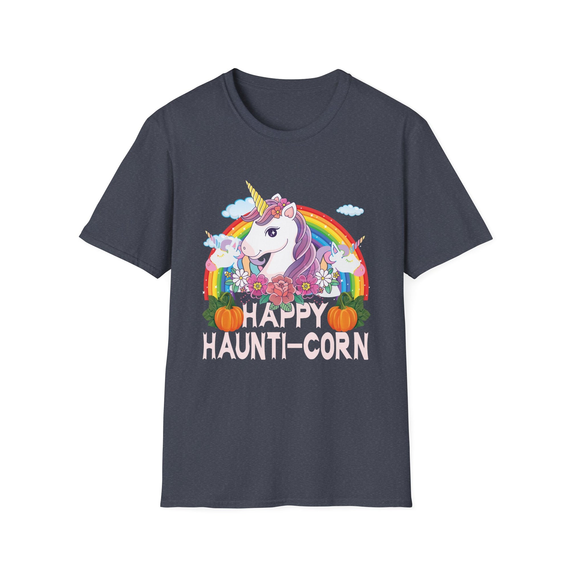 Happy Haunti-Corn Unisex Softstyle T-Shirt | Fun Unicorn Halloween Tee, Gifts for Fall, Cozy Casual Wear, Holiday Apparel, Playful Designs