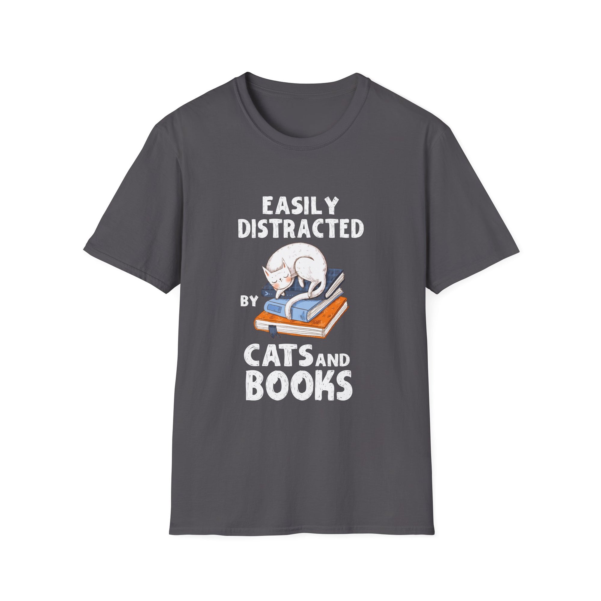 Easily Distracted by Cats and Books - Funny Cat & Book Lover Unisex Softstyle T-Shirt