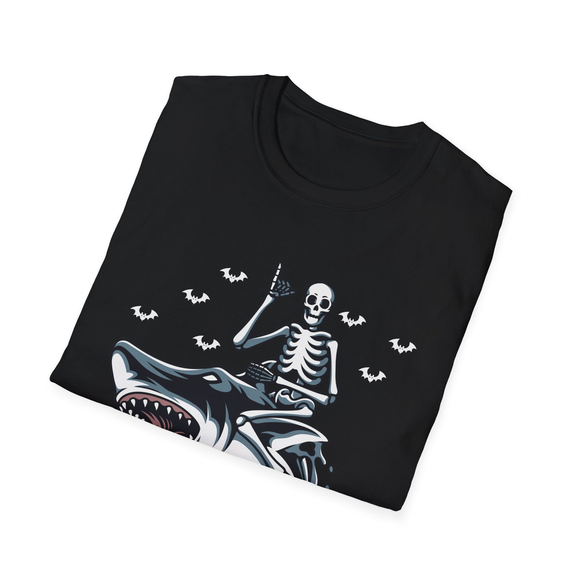 Skeleton Shark Unisex Softstyle T-Shirt, Fun Halloween Apparel, Unique Gifting, Casual Wear, Spooky Season Tee