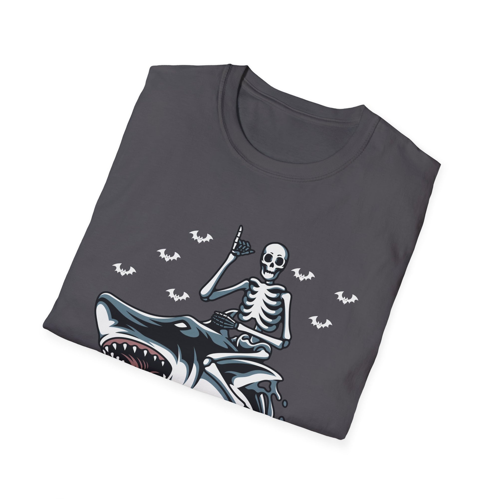Skeleton Shark Unisex Softstyle T-Shirt, Fun Halloween Apparel, Unique Gifting, Casual Wear, Spooky Season Tee