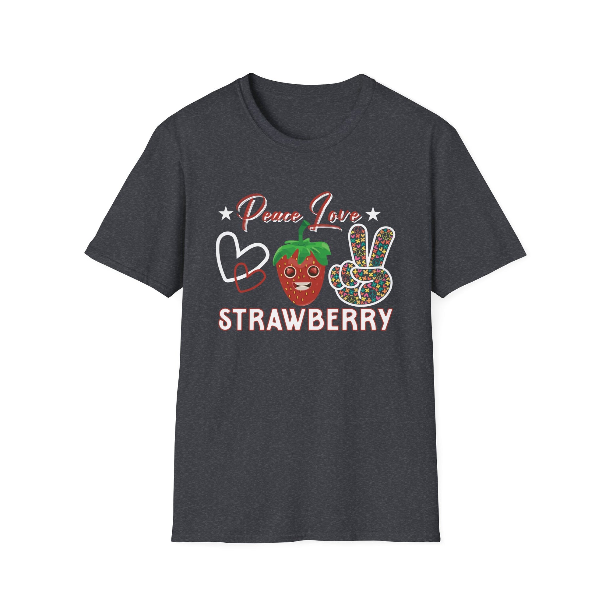 Strawberry Peace Love T-Shirt, Softstyle Graphic Tee for Strawberry Lovers, Cute Summer Shirt, Fun Festival Wear, Unique Gift Idea