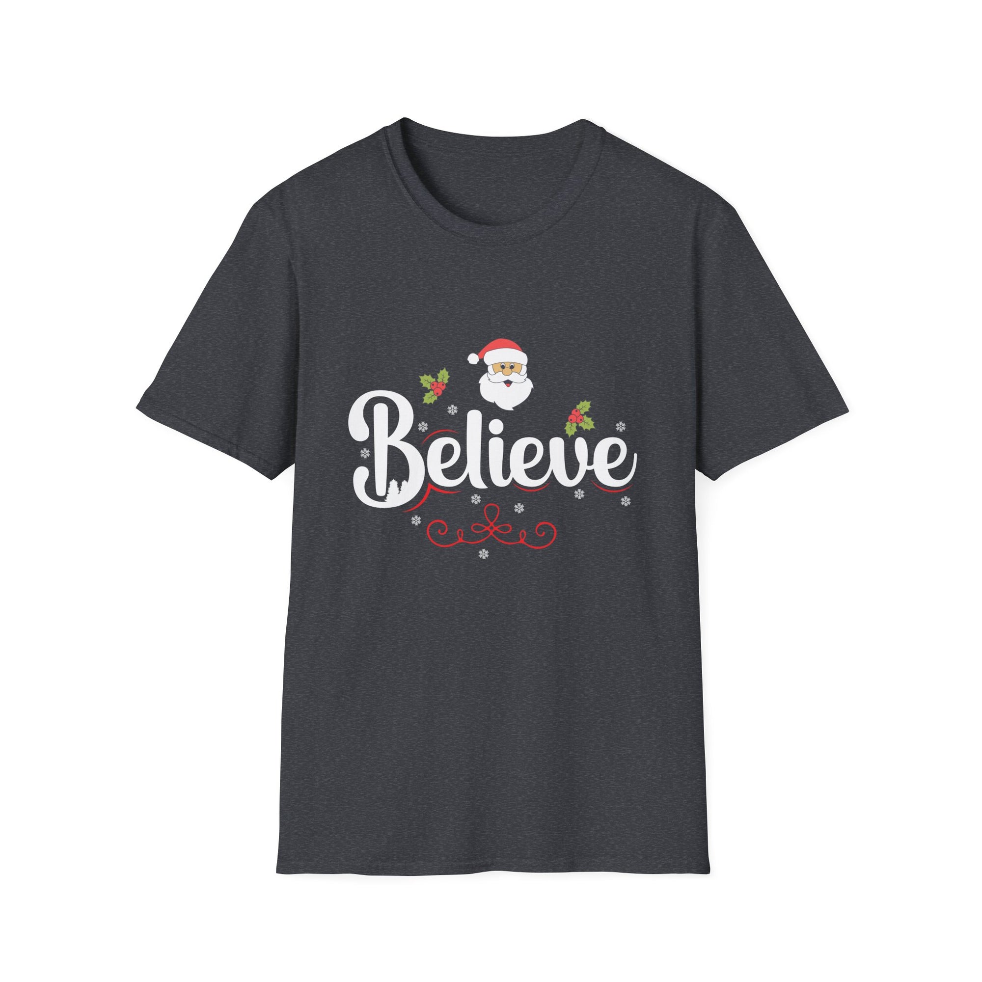 Festive 'Believe' Unisex Softstyle T-Shirt | Christmas Tee, Holiday Gift, Santa Shirt, Gift for Her, Casual Wear