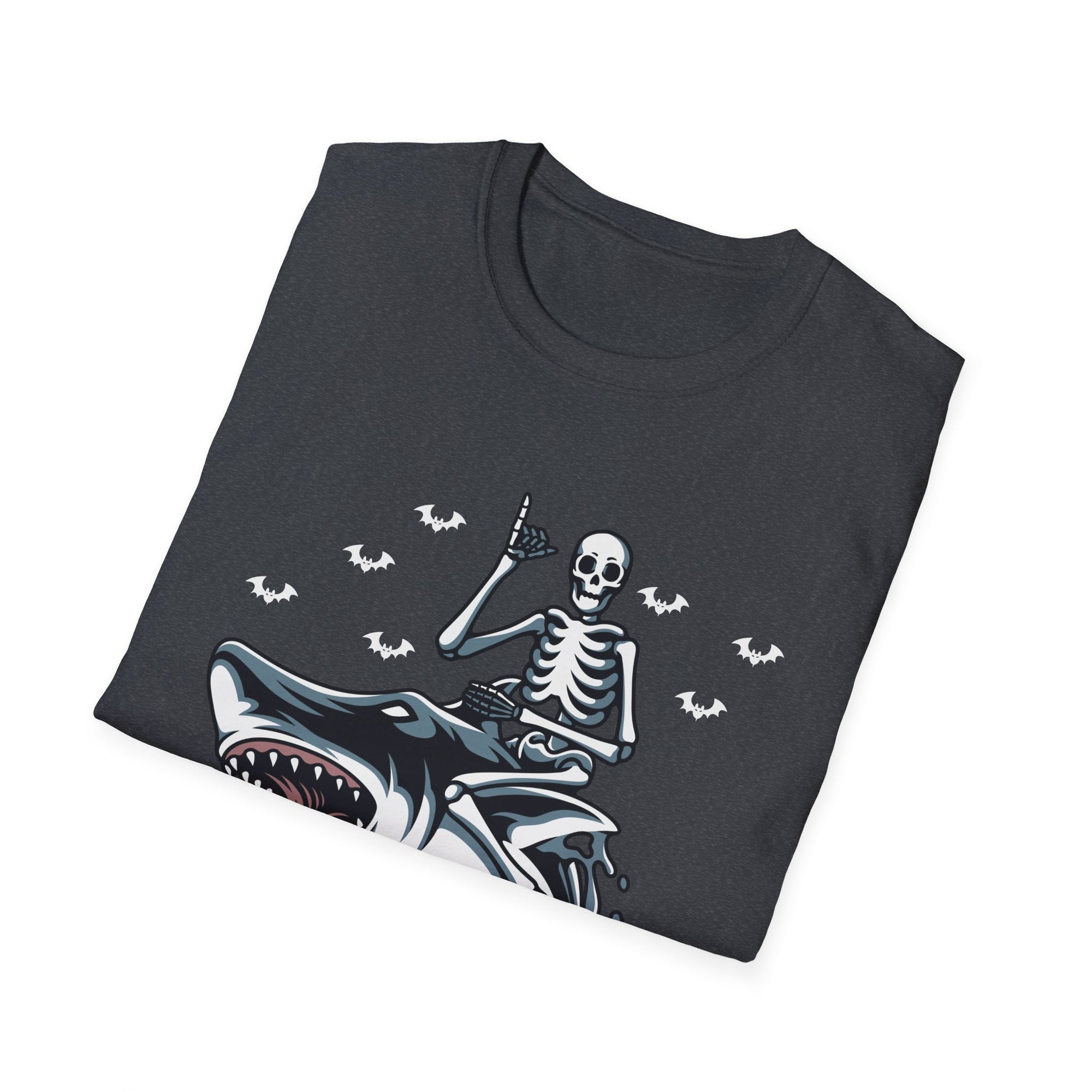 Skeleton Shark Unisex Softstyle T-Shirt, Fun Halloween Apparel, Unique Gifting, Casual Wear, Spooky Season Tee