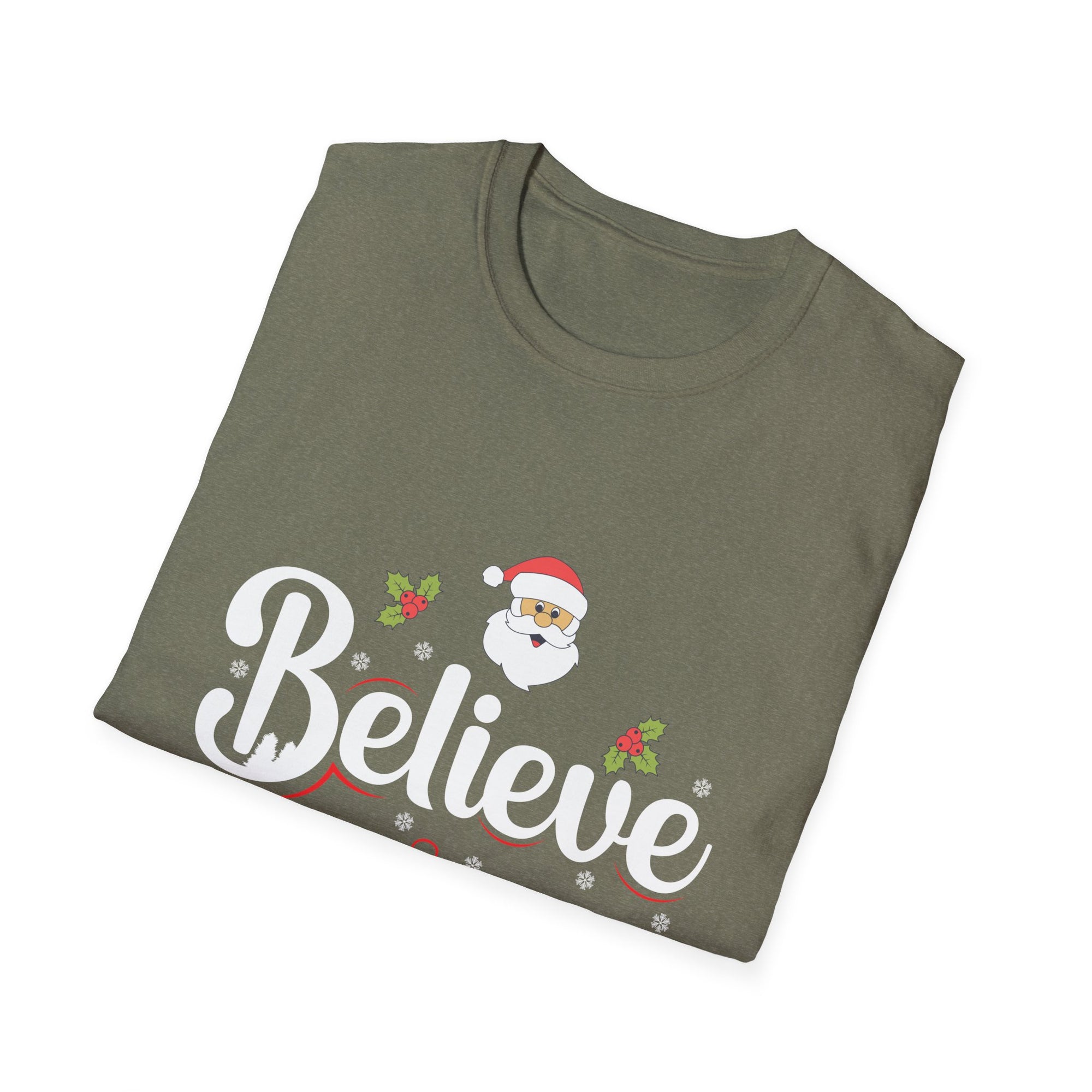 Festive 'Believe' Unisex Softstyle T-Shirt | Christmas Tee, Holiday Gift, Santa Shirt, Gift for Her, Casual Wear