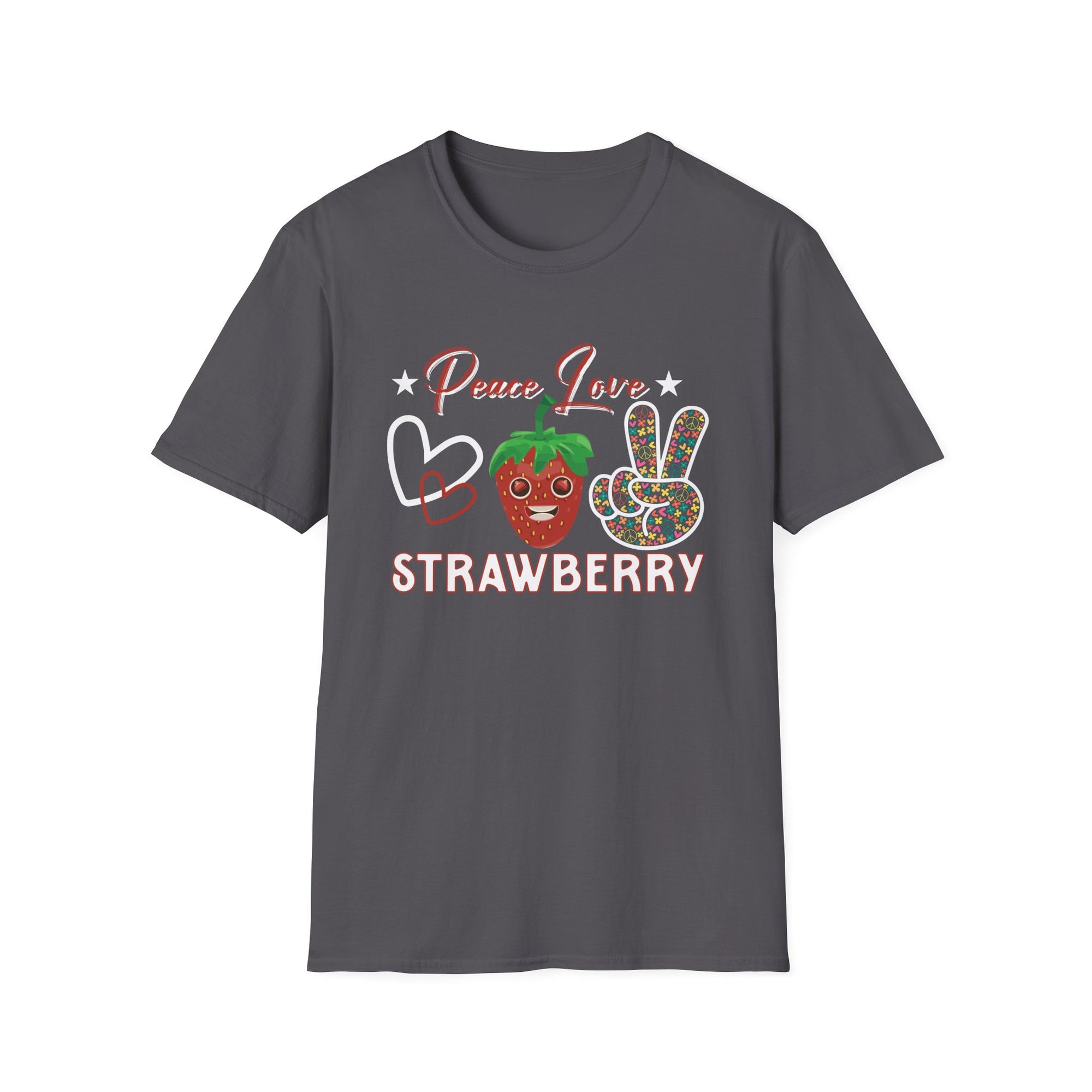 Strawberry Peace Love T-Shirt, Softstyle Graphic Tee for Strawberry Lovers, Cute Summer Shirt, Fun Festival Wear, Unique Gift Idea