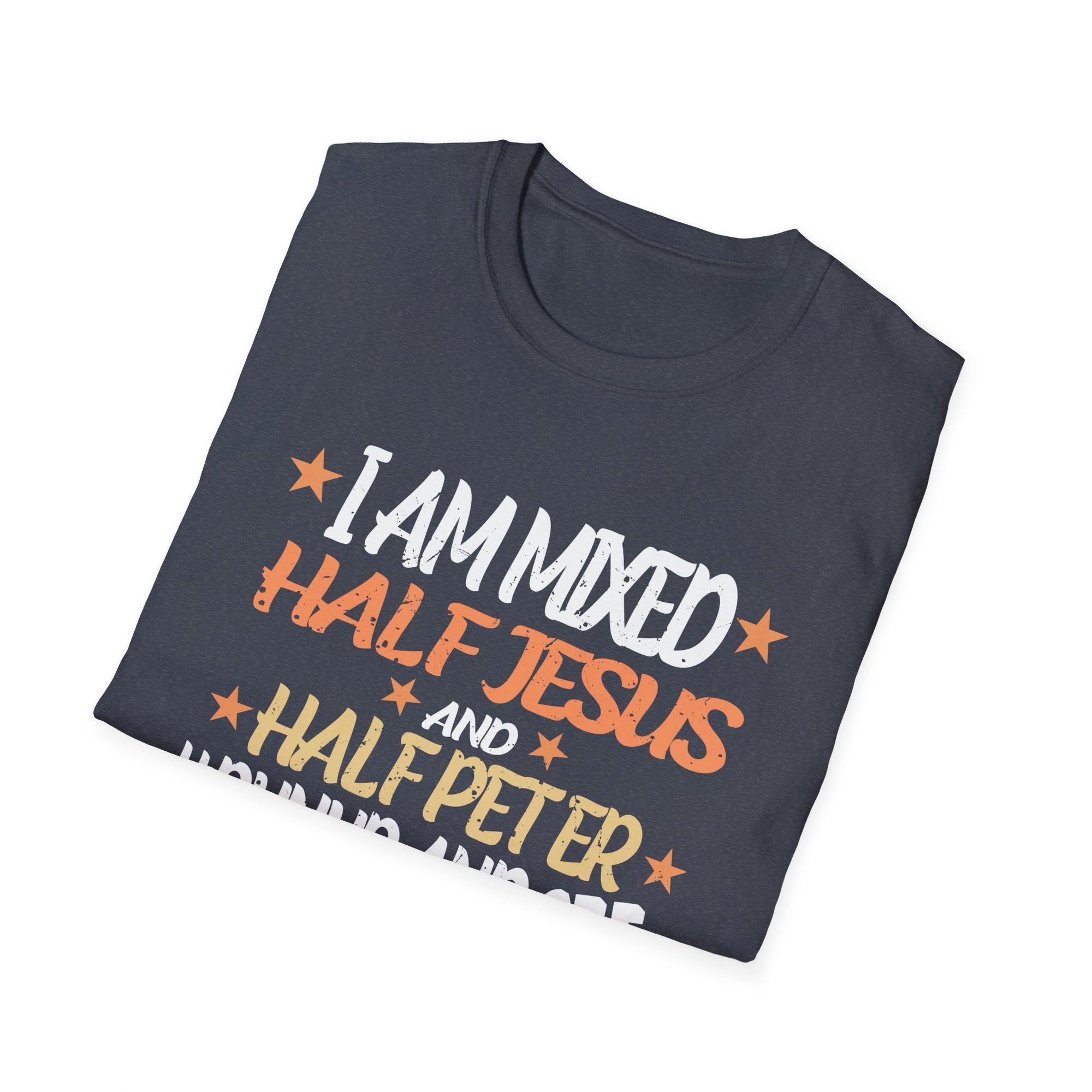 Mixed Heritage Unisex T-Shirt, Funny Christian Tee, Half Jesus Half Peter Shirt, Gift for Him/Her, Unique Religious Apparel