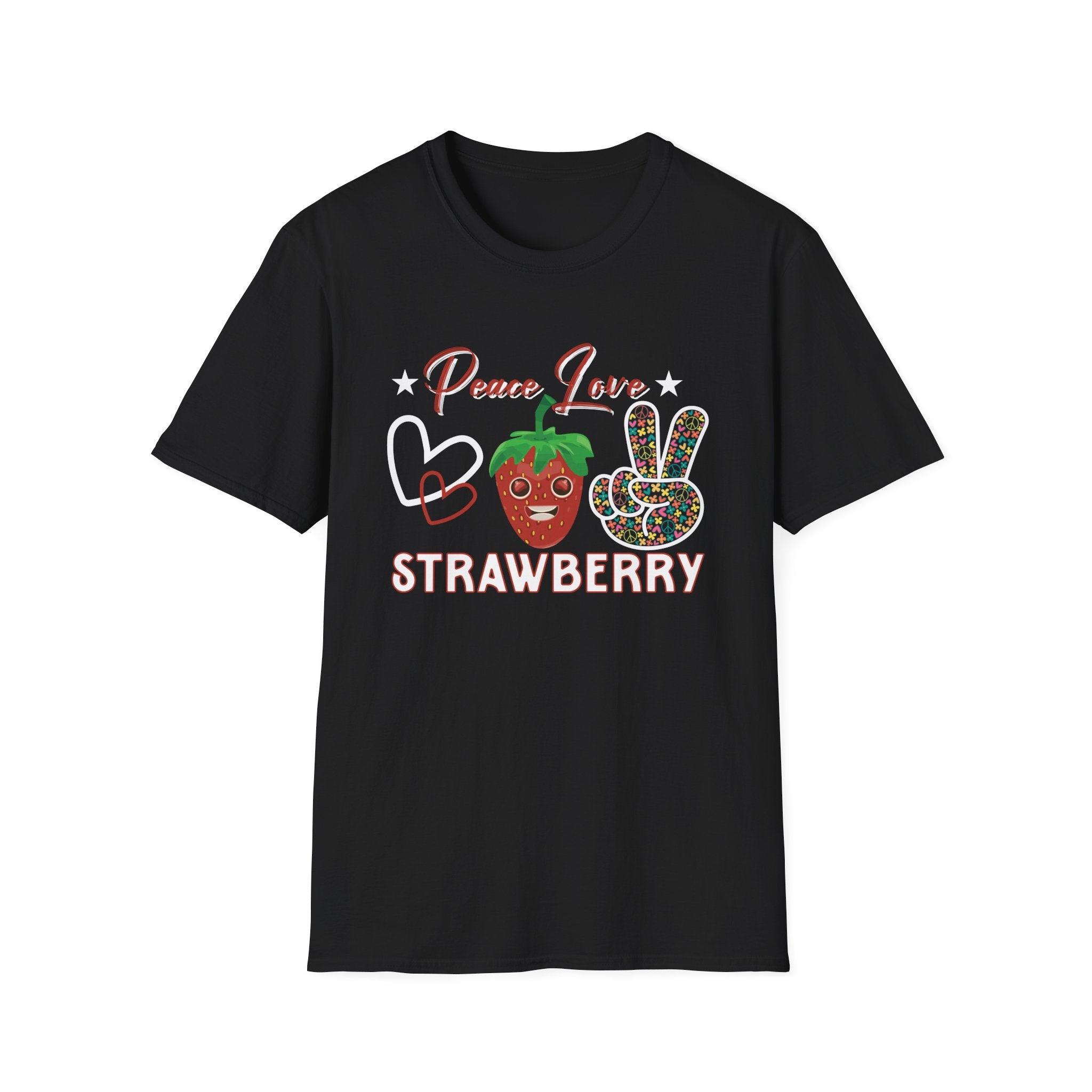 Strawberry Peace Love T-Shirt, Softstyle Graphic Tee for Strawberry Lovers, Cute Summer Shirt, Fun Festival Wear, Unique Gift Idea