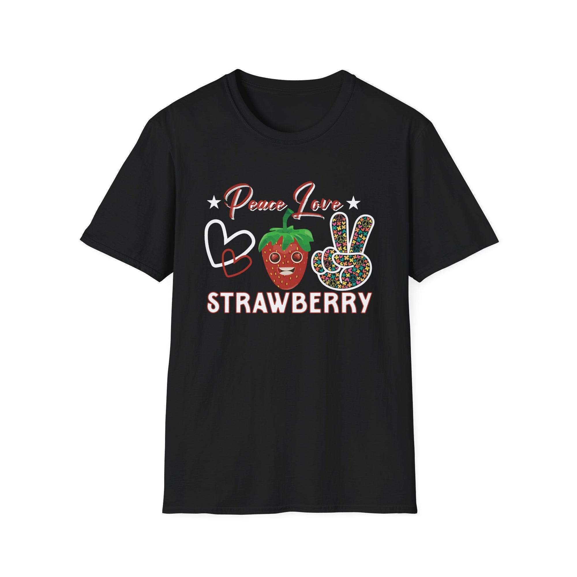 Strawberry Peace Love T-Shirt, Softstyle Graphic Tee for Strawberry Lovers, Cute Summer Shirt, Fun Festival Wear, Unique Gift Idea